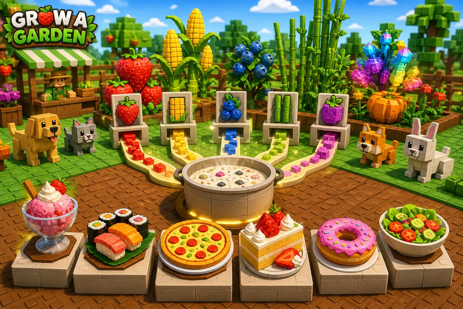 Giant garden crops feeding an outdoor cooking station surrounded by finished recipes