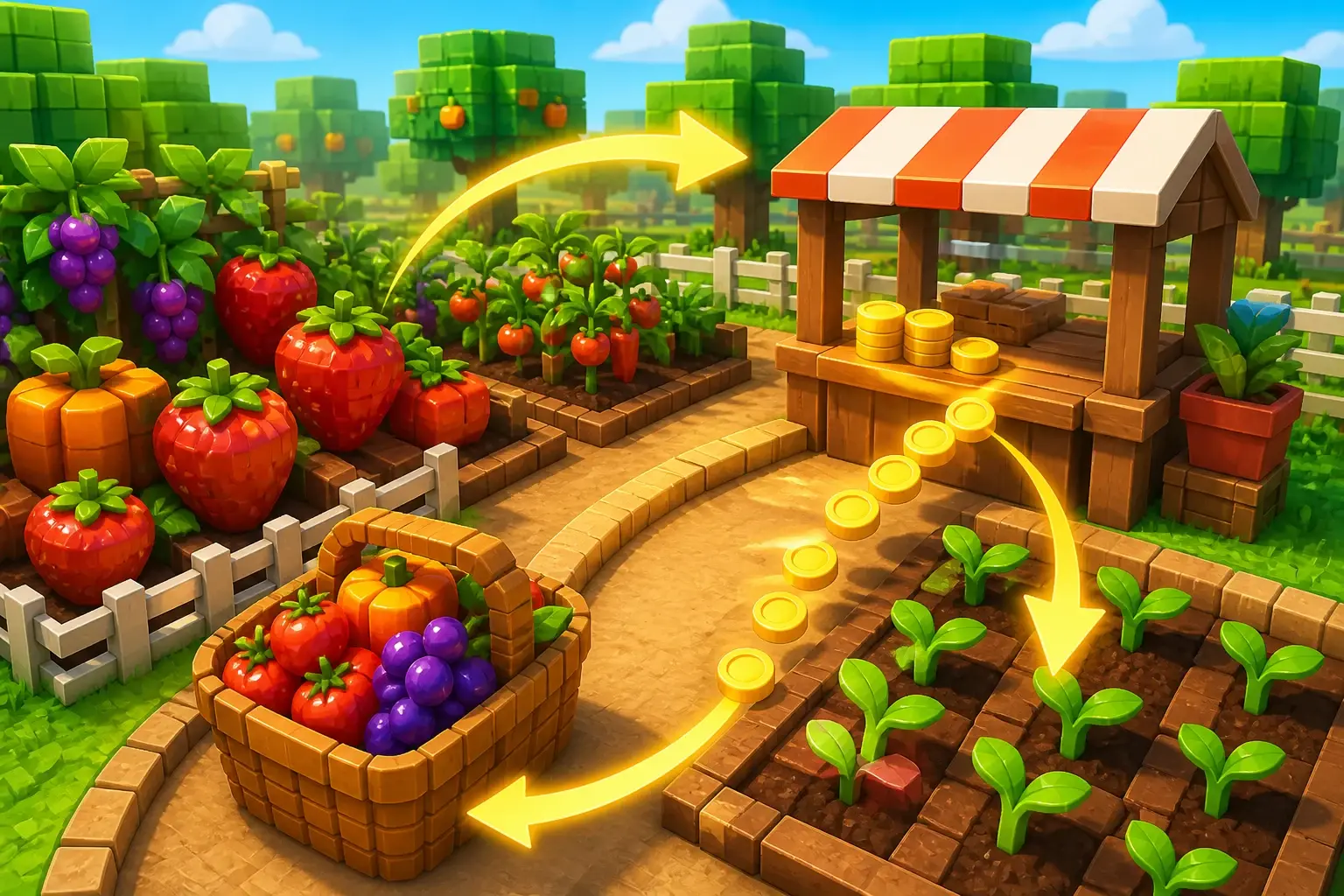 Harvested fruit moving through a sunny market loop into newly planted crops