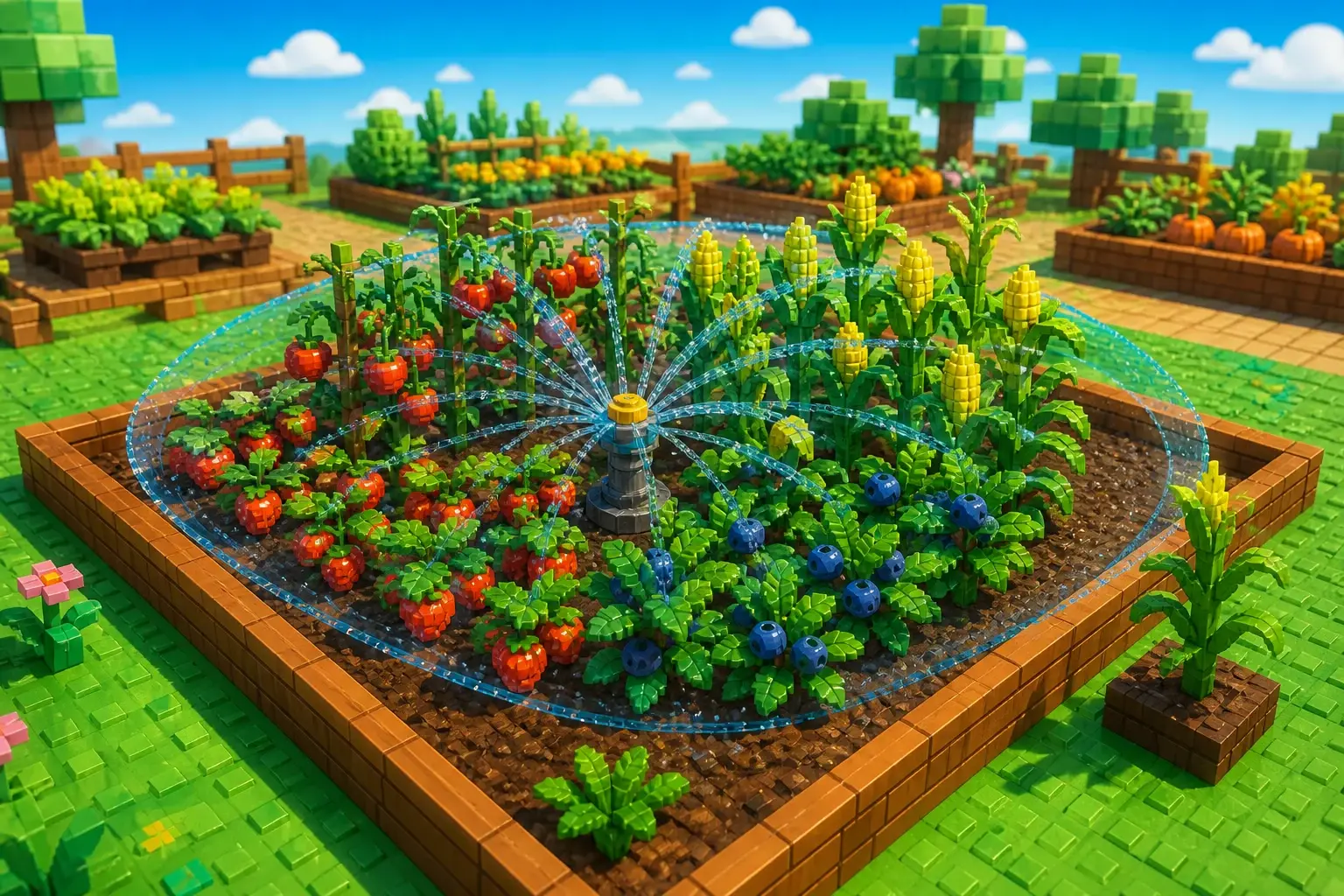Central sprinkler covering a compact crop cluster with one edge plant outside its radius
