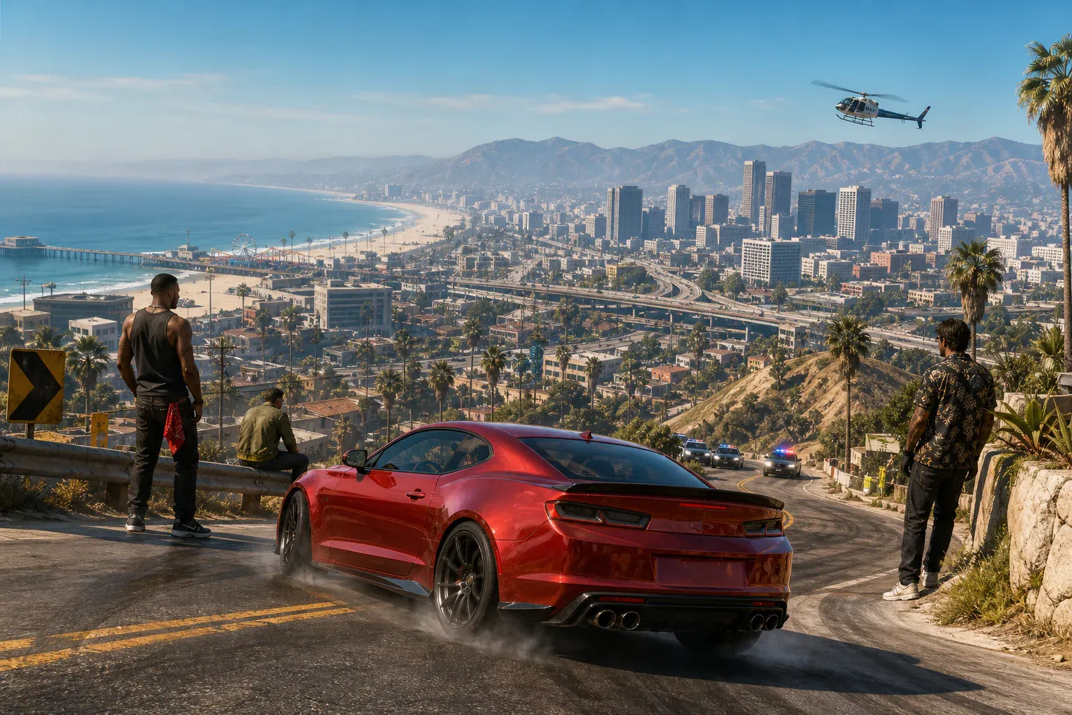 Three original antiheroes and a red sports car above a sunny coastal city chase