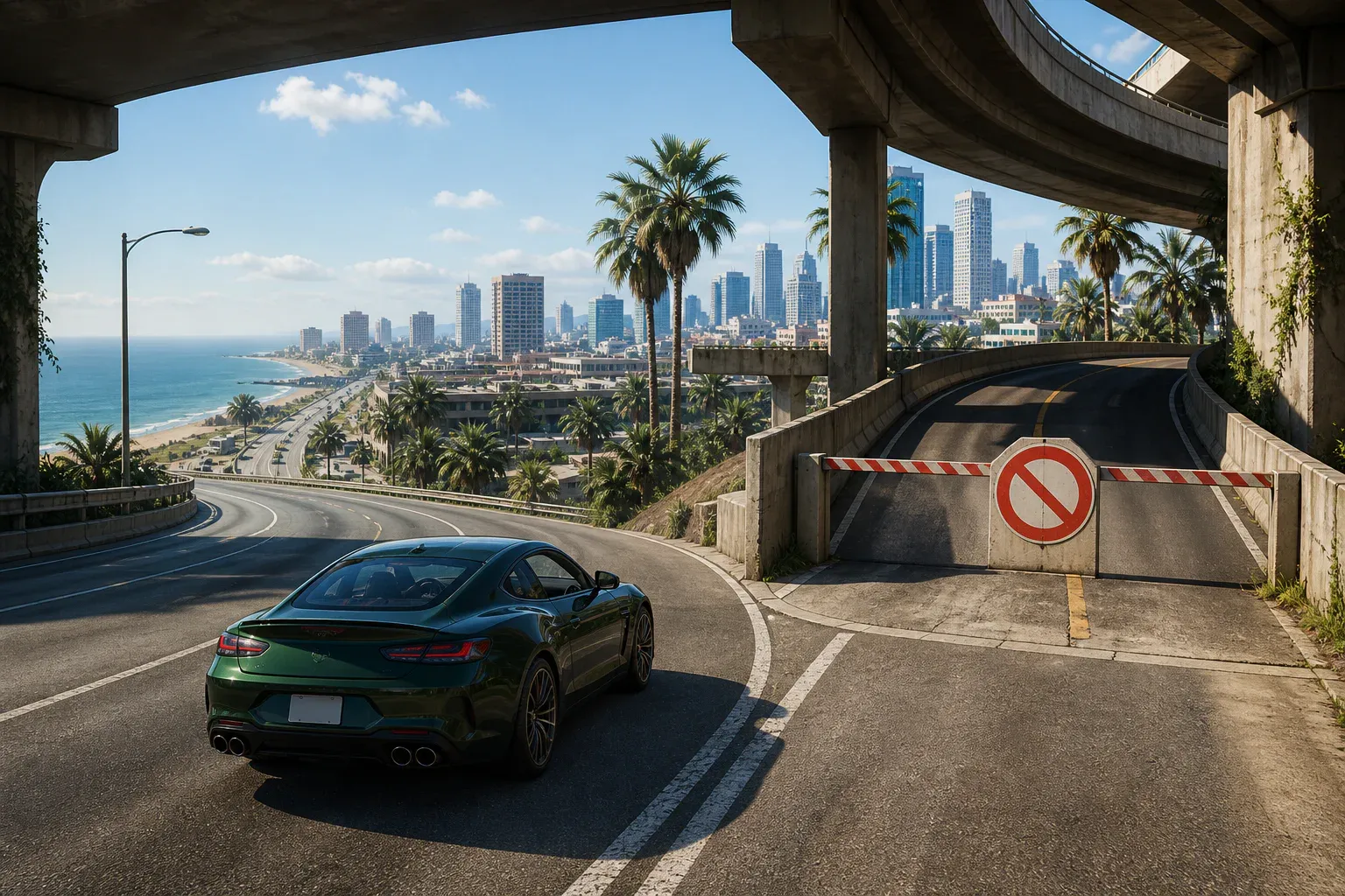 Sports car choosing the open road beside a closed ramp overlooking a sunny coastal city
