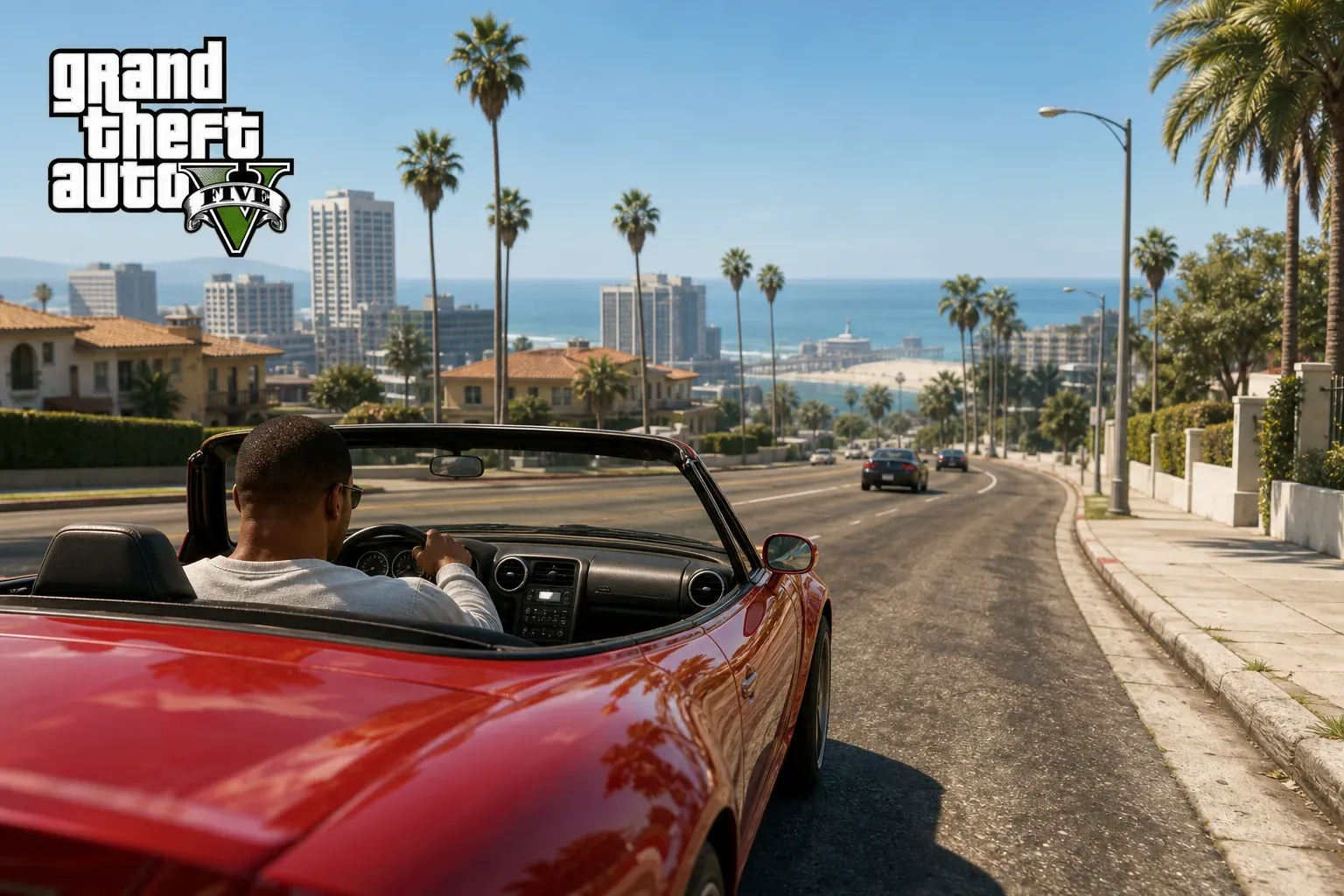 Convertible driving through sunny Los Santos with the GTA V logo