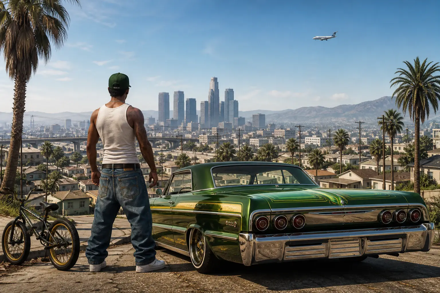 Street scene with a green lowrider, bicycle and city skyline under bright California daylight