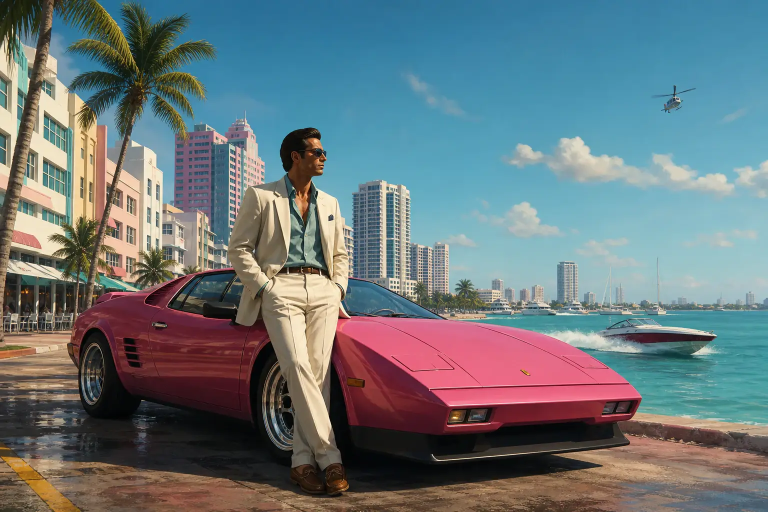 Pastel sports car and speedboat beside a sunny coastal boulevard with palm trees