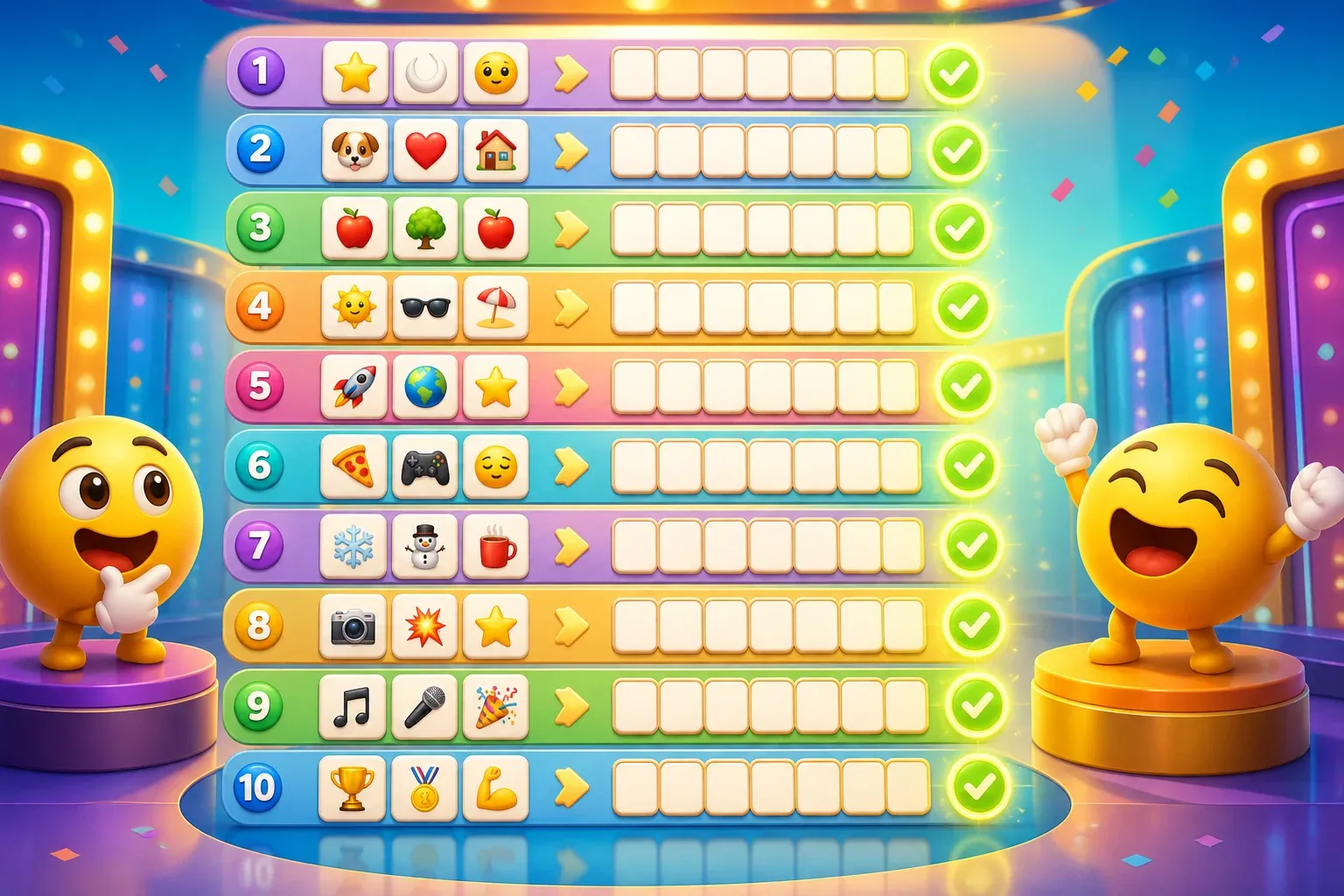 Colorful emoji clues and answer tiles on a puzzle stage