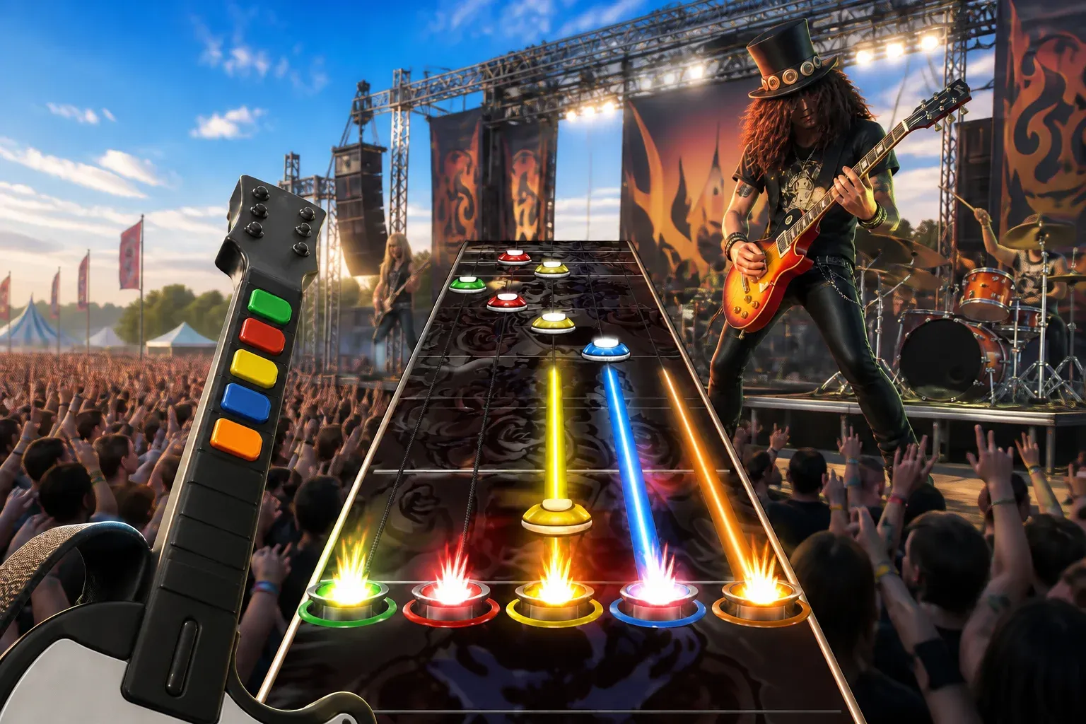 Five-fret guitar controller and note highway at a daylight rock festival
