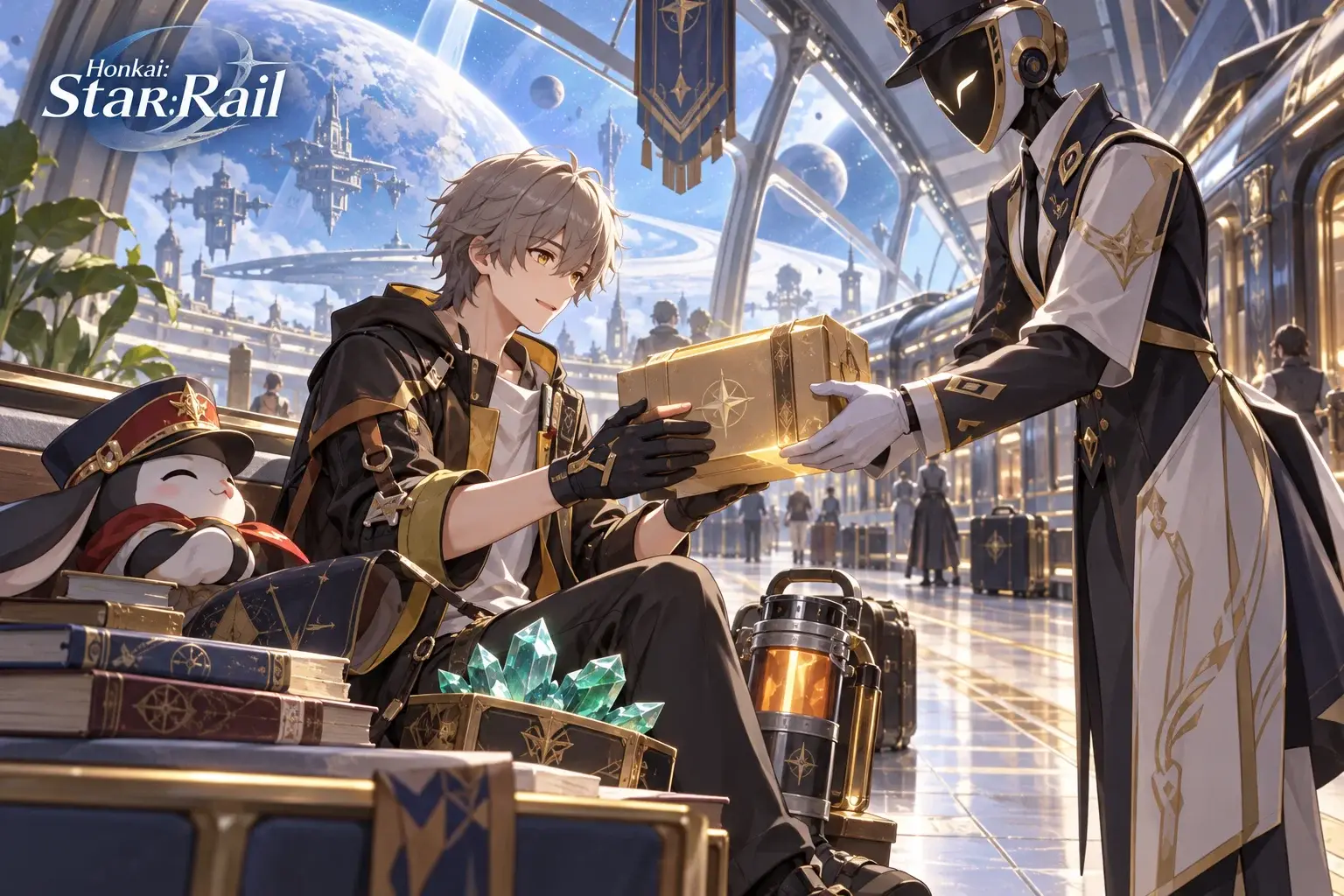 Original concept illustration: Original space traveler receiving a glowing mail parcel on an elegant interstellar train platform
