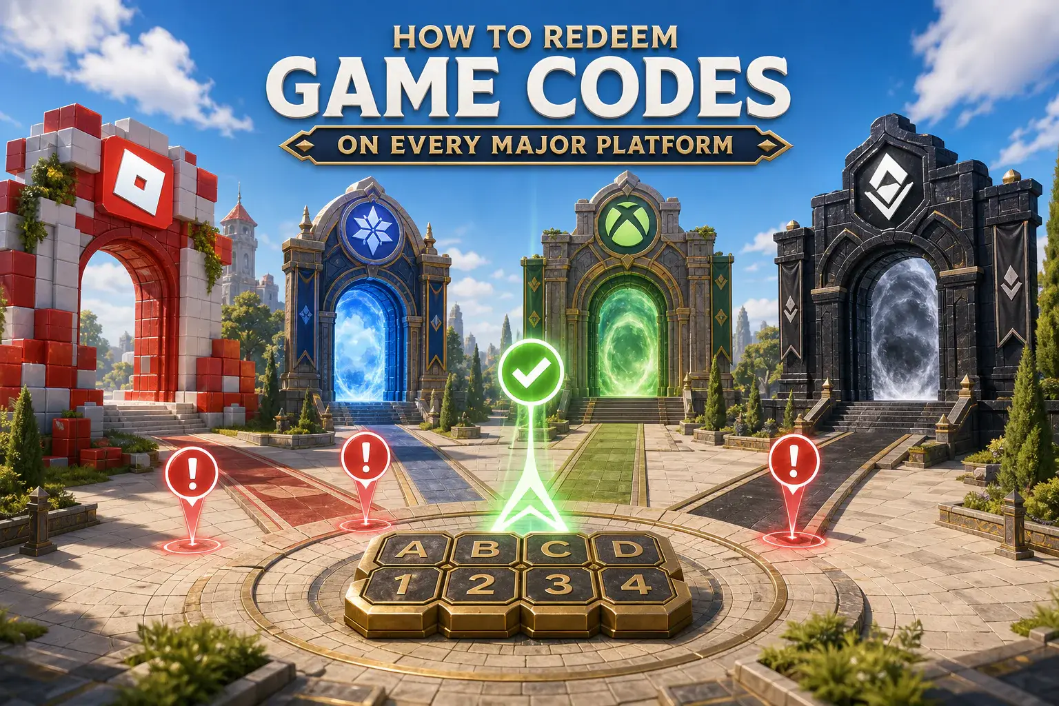 Code token choosing the correct platform gateway in a bright game plaza