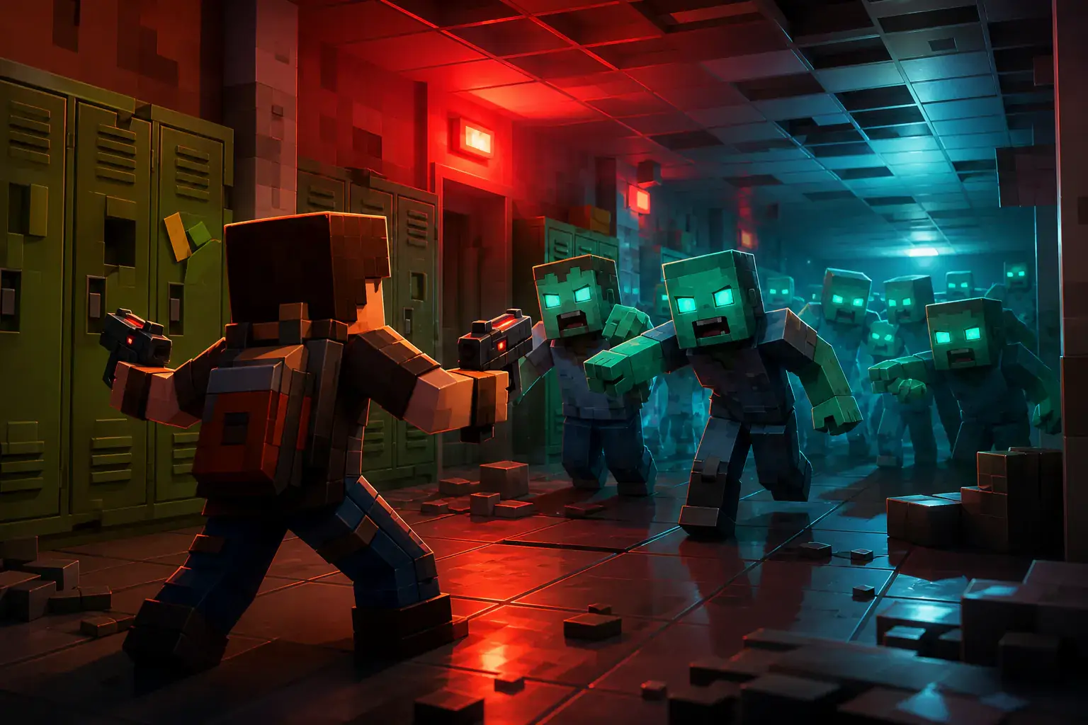 Survivor with dual blasters facing teal zombies in a school corridor
