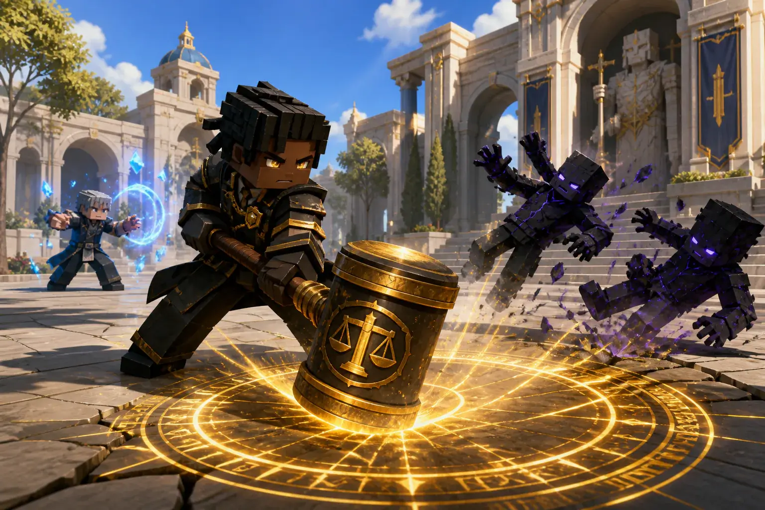 Sorcerer striking a golden seal with a gavel in a sunlit courtyard