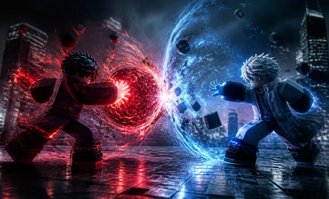 Two spell fighters clashing red and blue energy in a city plaza