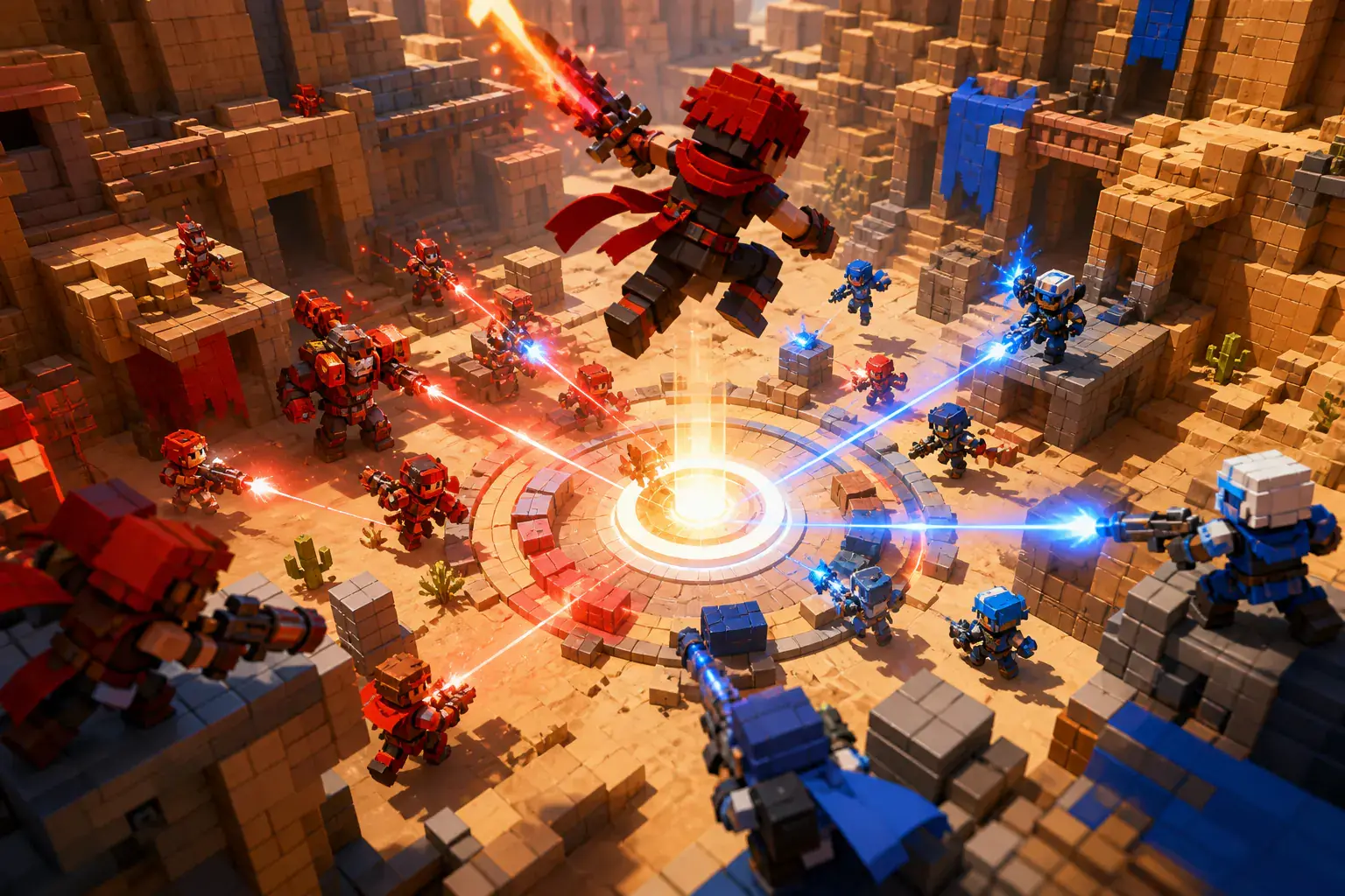 Two teams converging on a glowing capture point in a canyon arena