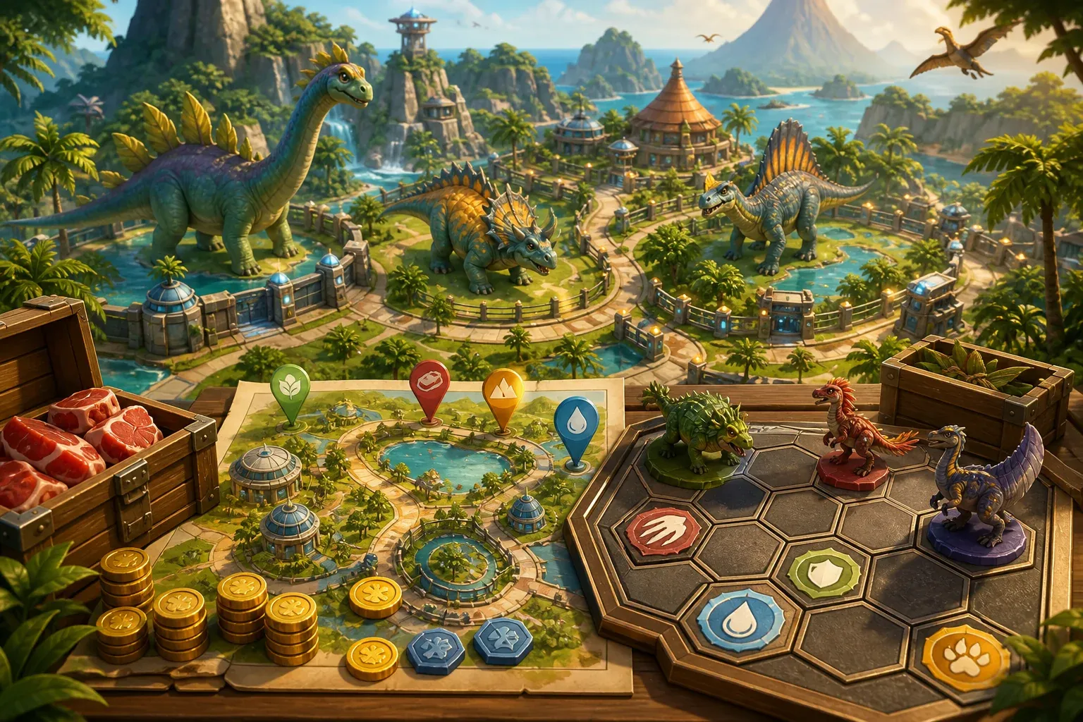 Dinosaur park habitats and a tactical planning board