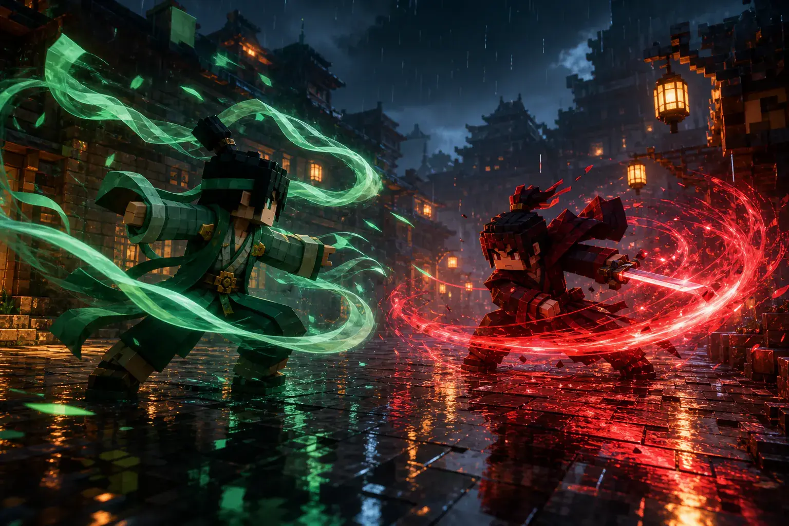 Martial spell fighters clashing jade and crimson energy in the rain