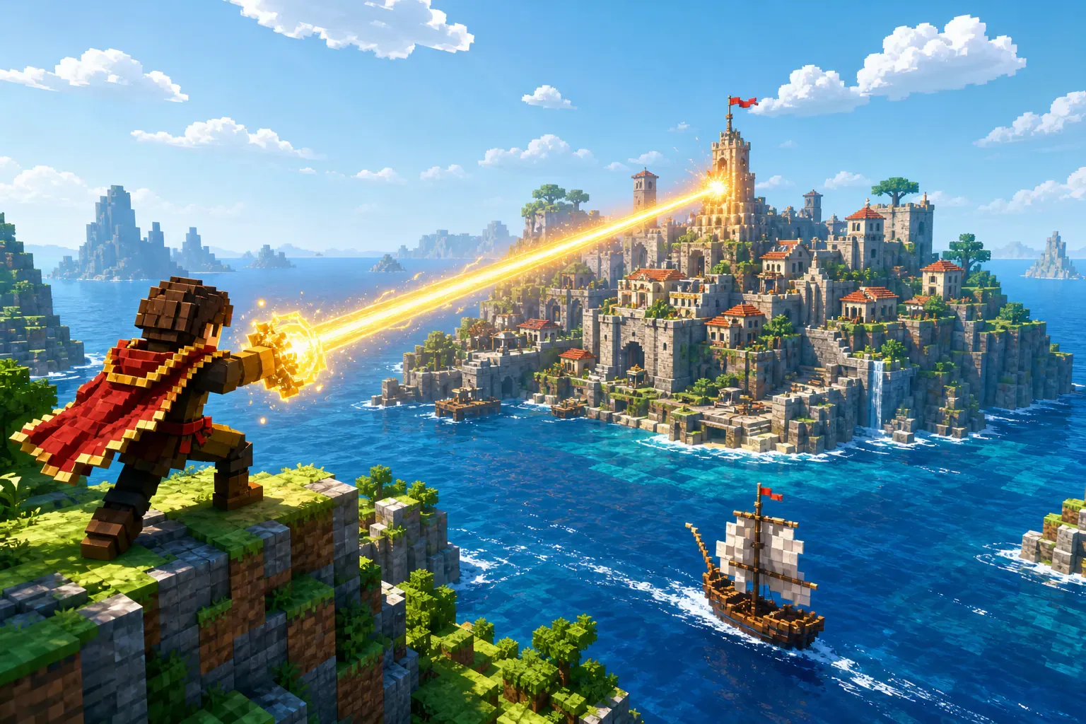 Sea adventurer firing golden energy toward a fortified island