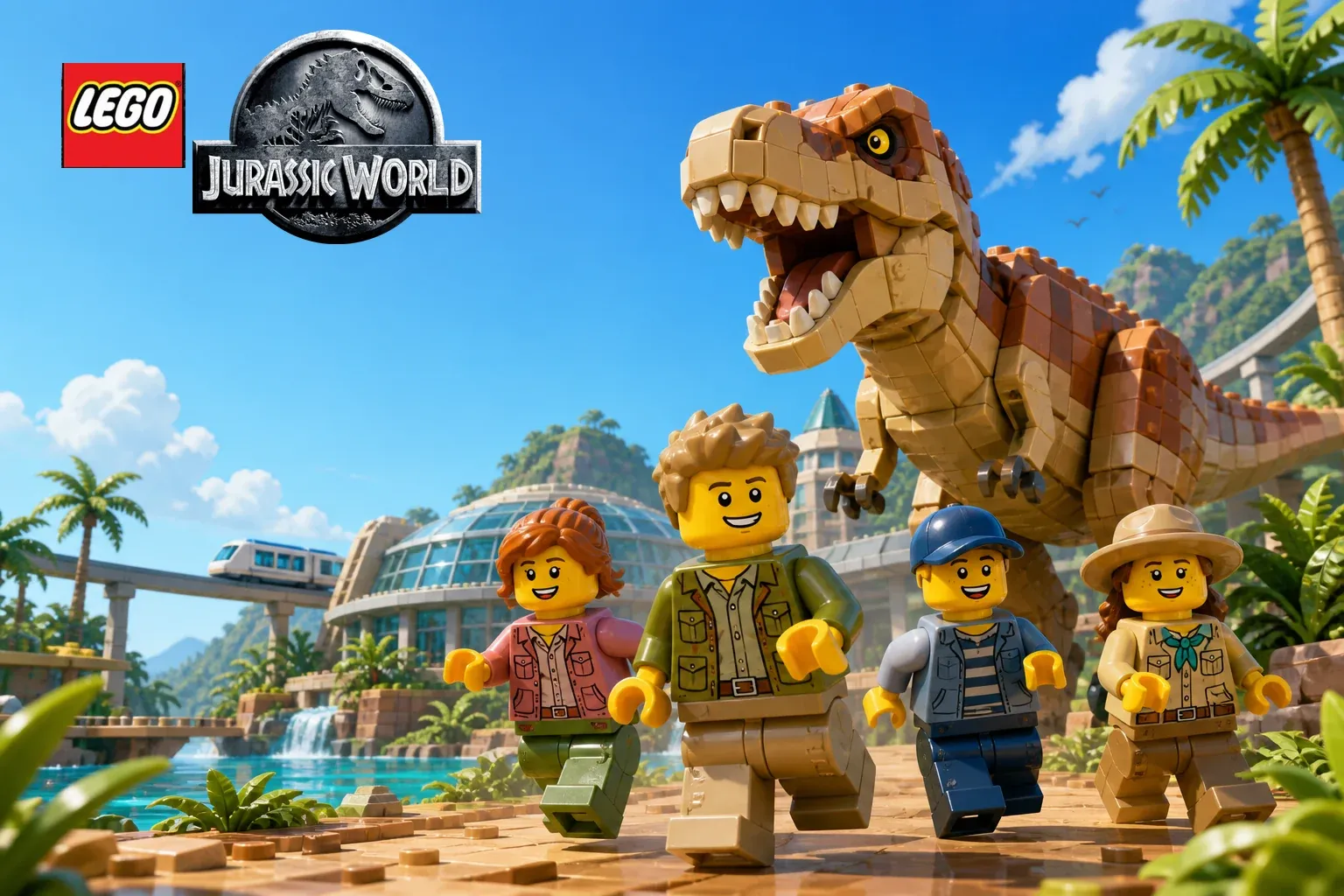 LEGO adventurers running through a sunny dinosaur park with a brick-built T. rex