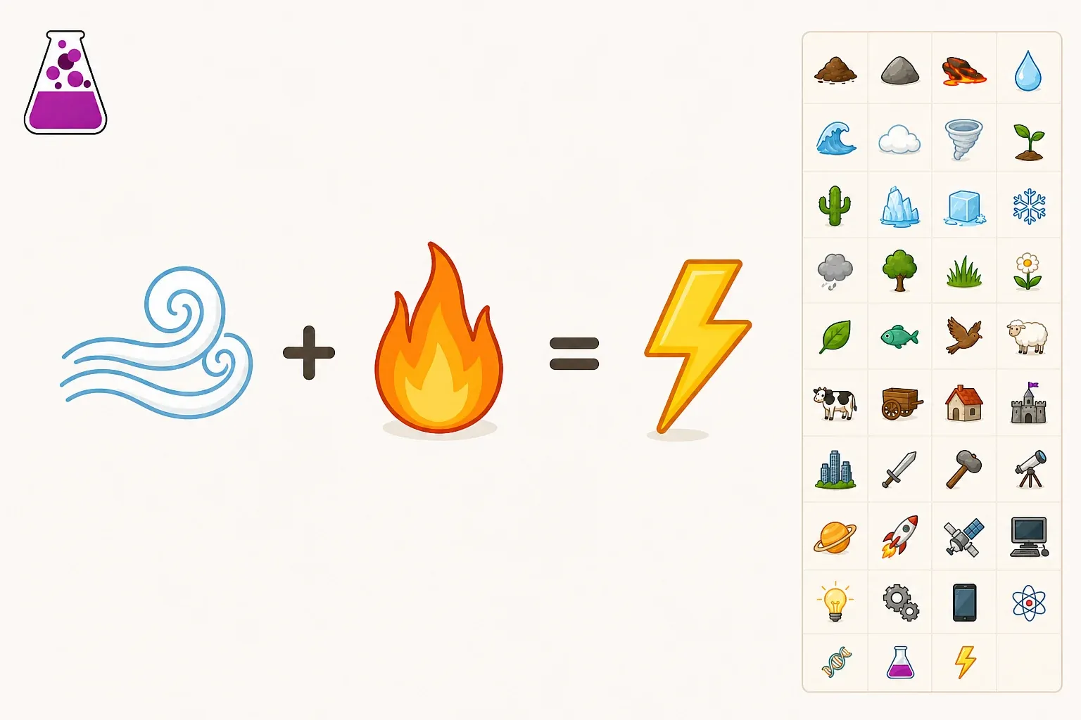 Air and fire combining to make Energy in a bright Little Alchemy workspace