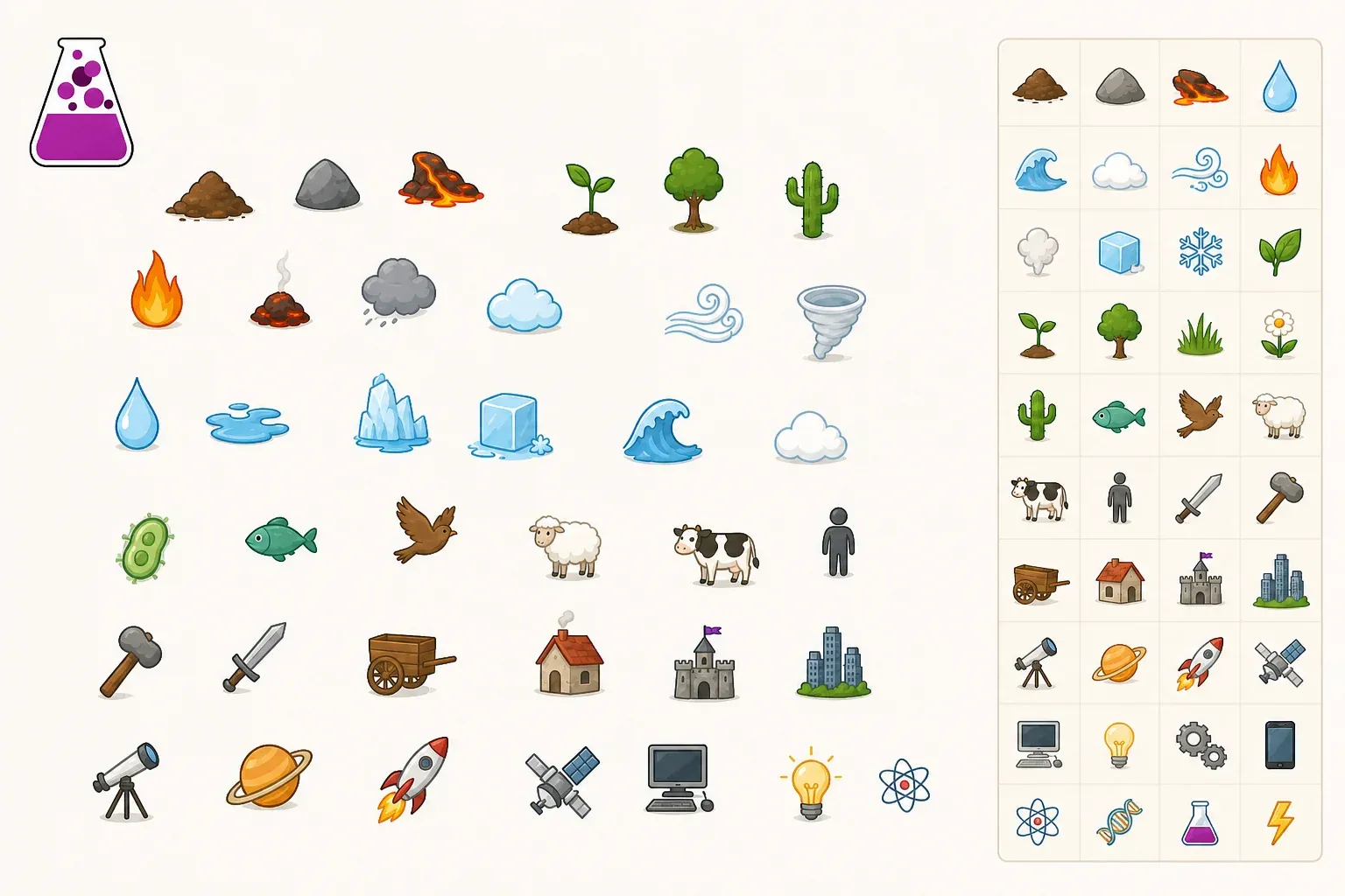 Bright Little Alchemy workspace showing a collection of discovered element icons