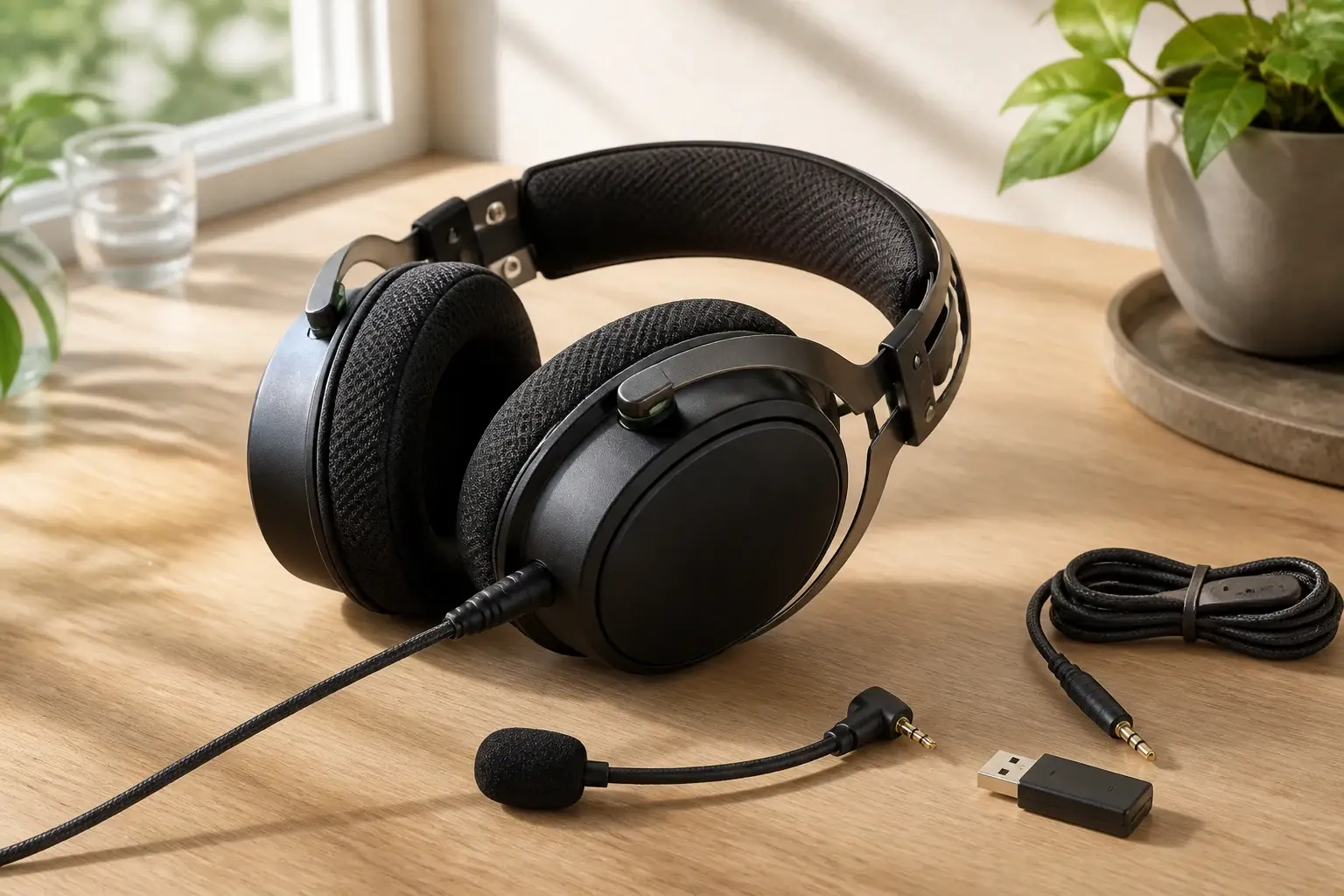 Wired over-ear gaming headset with boom microphone, 3.5 mm cable and USB adapter