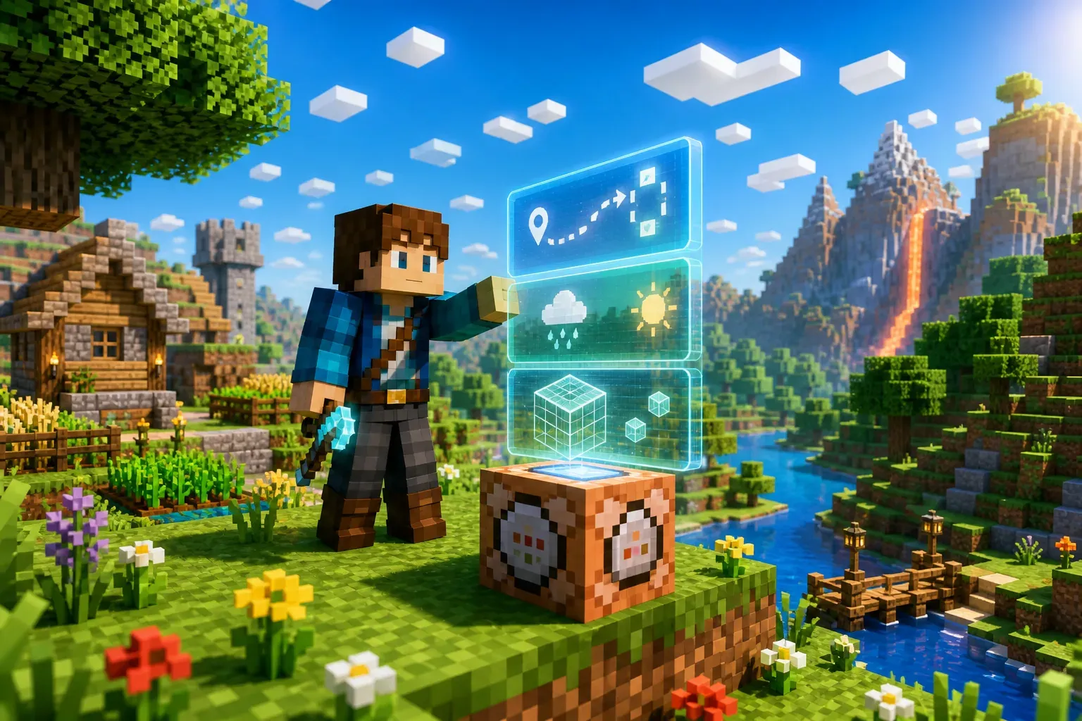 Block-world adventurer using command controls in a sunny valley