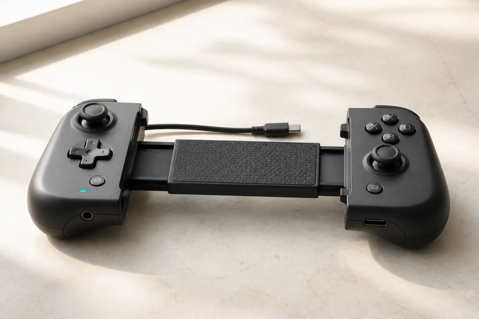 Extended USB-C mobile controller showing its bridge, thumbsticks, audio and charging ports