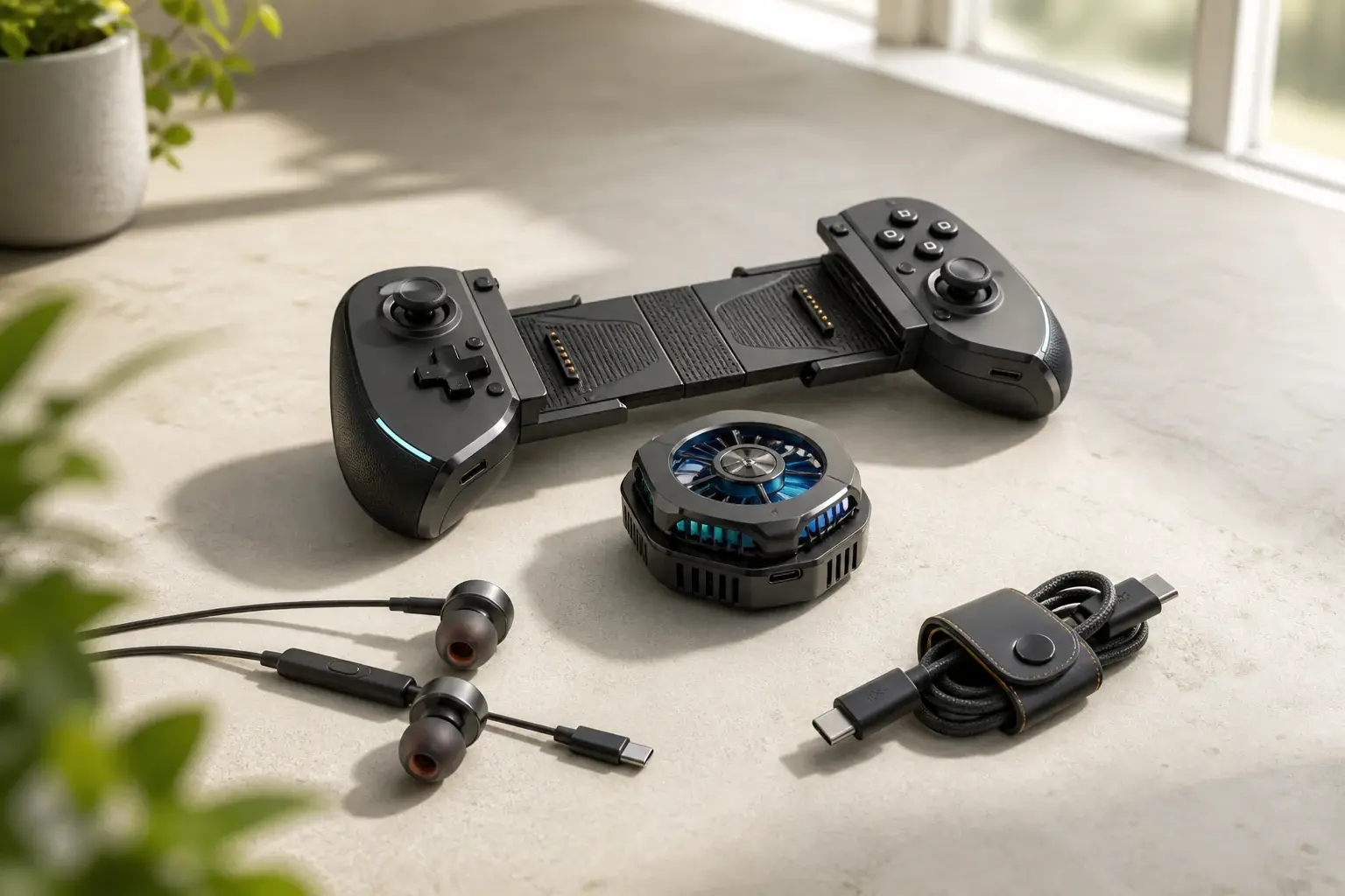 Telescopic controller, active cooler, wired earbuds and USB-C cable arranged in bright daylight