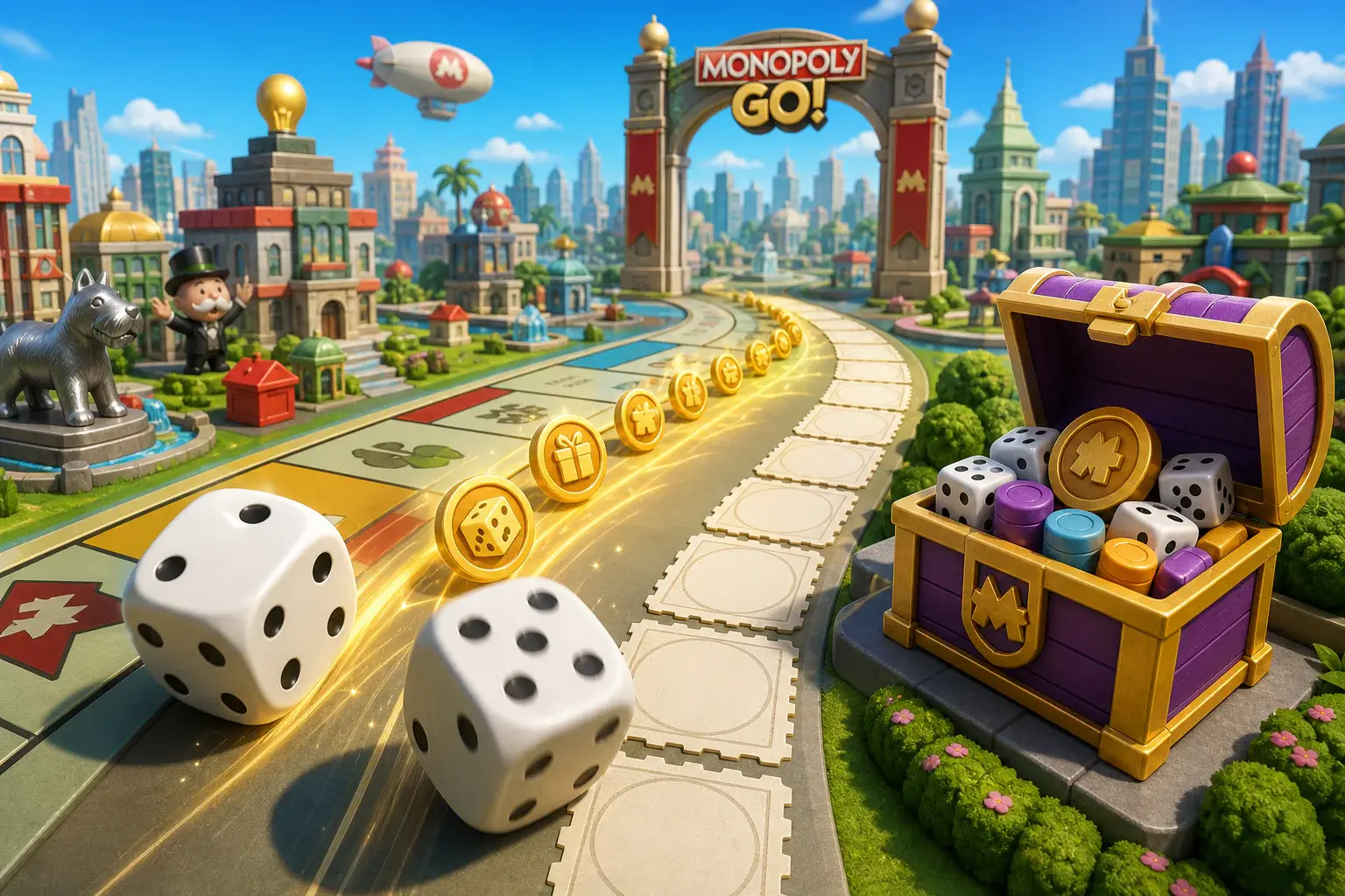 Dice following a golden reward path toward a gift chest in a bright Monopoly GO board city