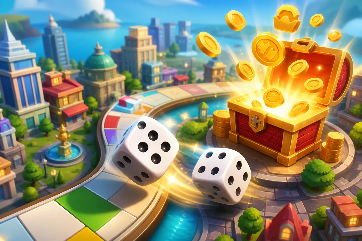 Dice rolling toward a reward chest on a colorful city property board