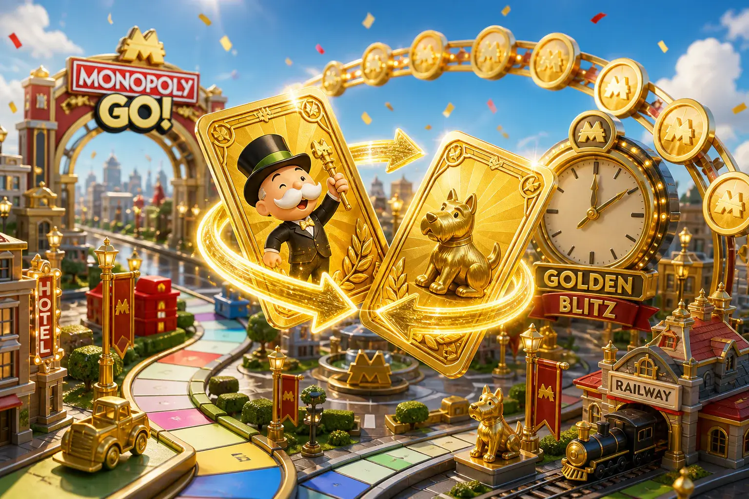 Two golden Monopoly GO stickers trading across a timed board-city event