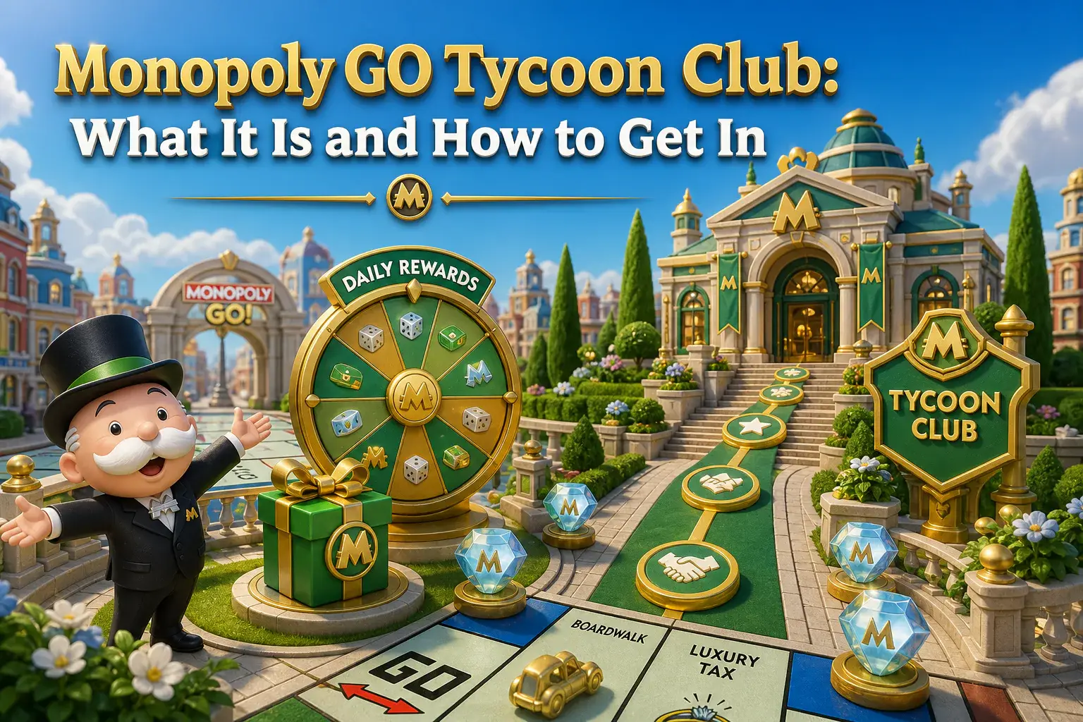 Green-and-gold Tycoon Club with a daily reward wheel, loyalty diamonds and milestone path