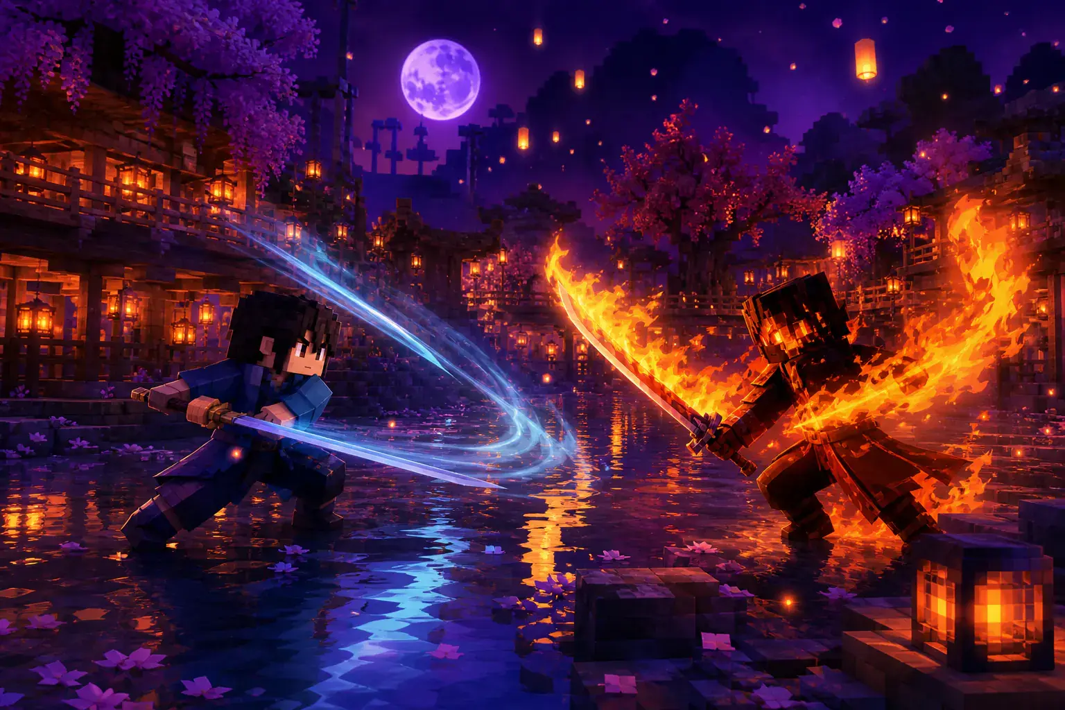 Swordsmen dueling with flame and water trails beside a lantern village