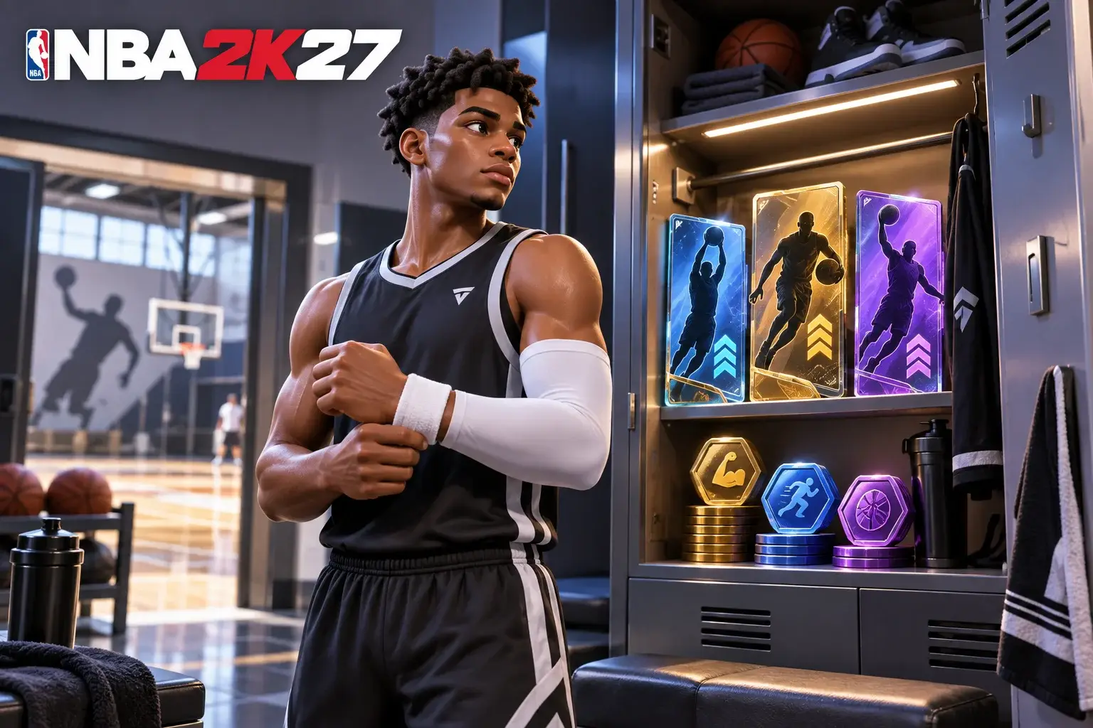 Original concept illustration: Original basketball athlete in a bright modern locker room beside an open locker containing stylized player progression cards and training tokens