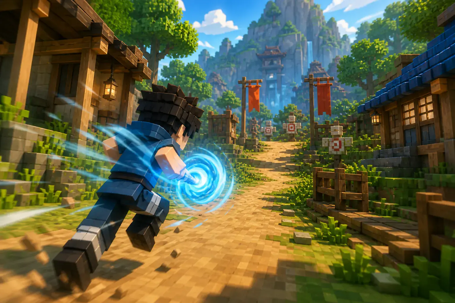 Ninja trainee racing through a mountain village with a blue wind technique
