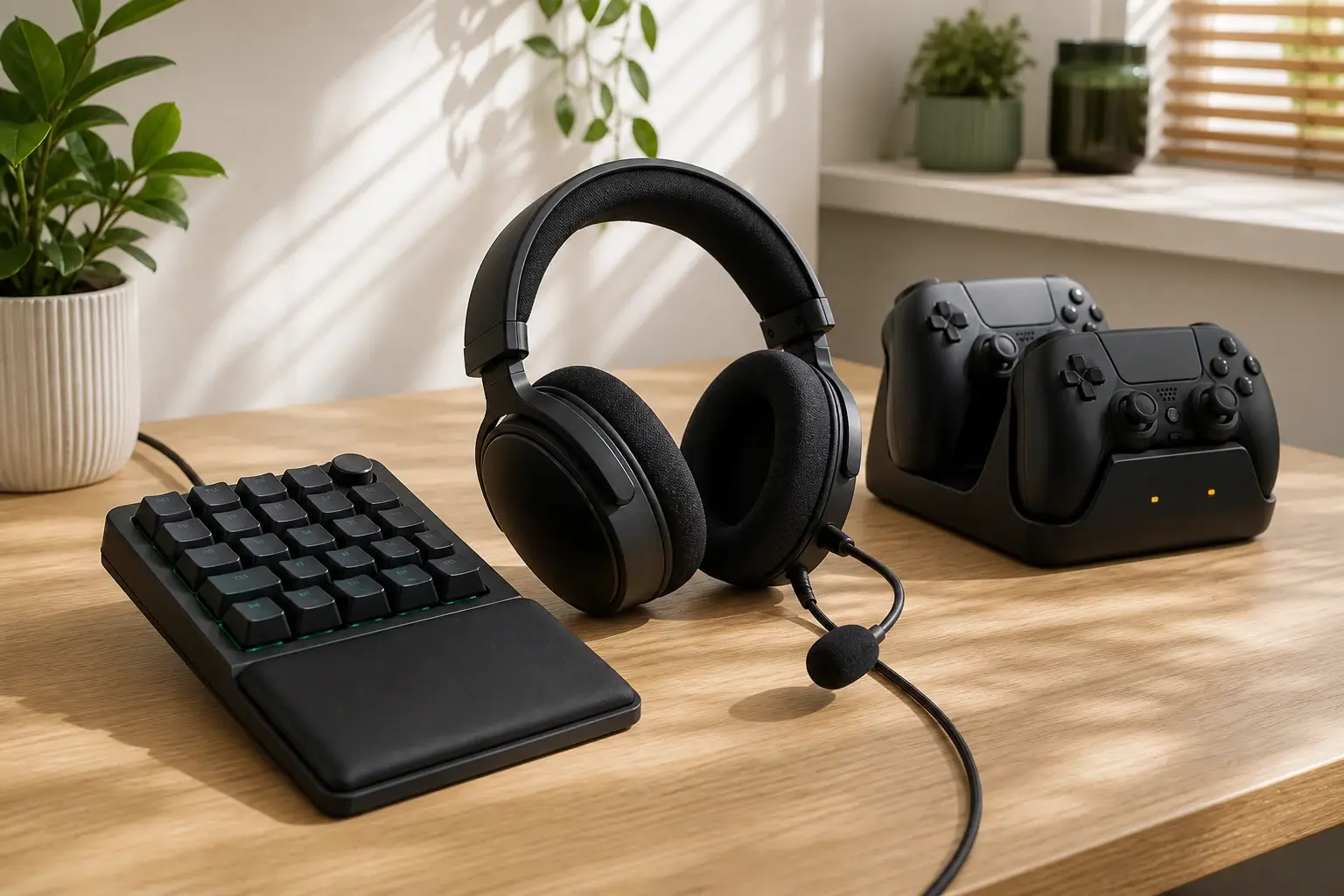 Wired headset, one-handed keypad and two-controller charging dock on a sunlit desk