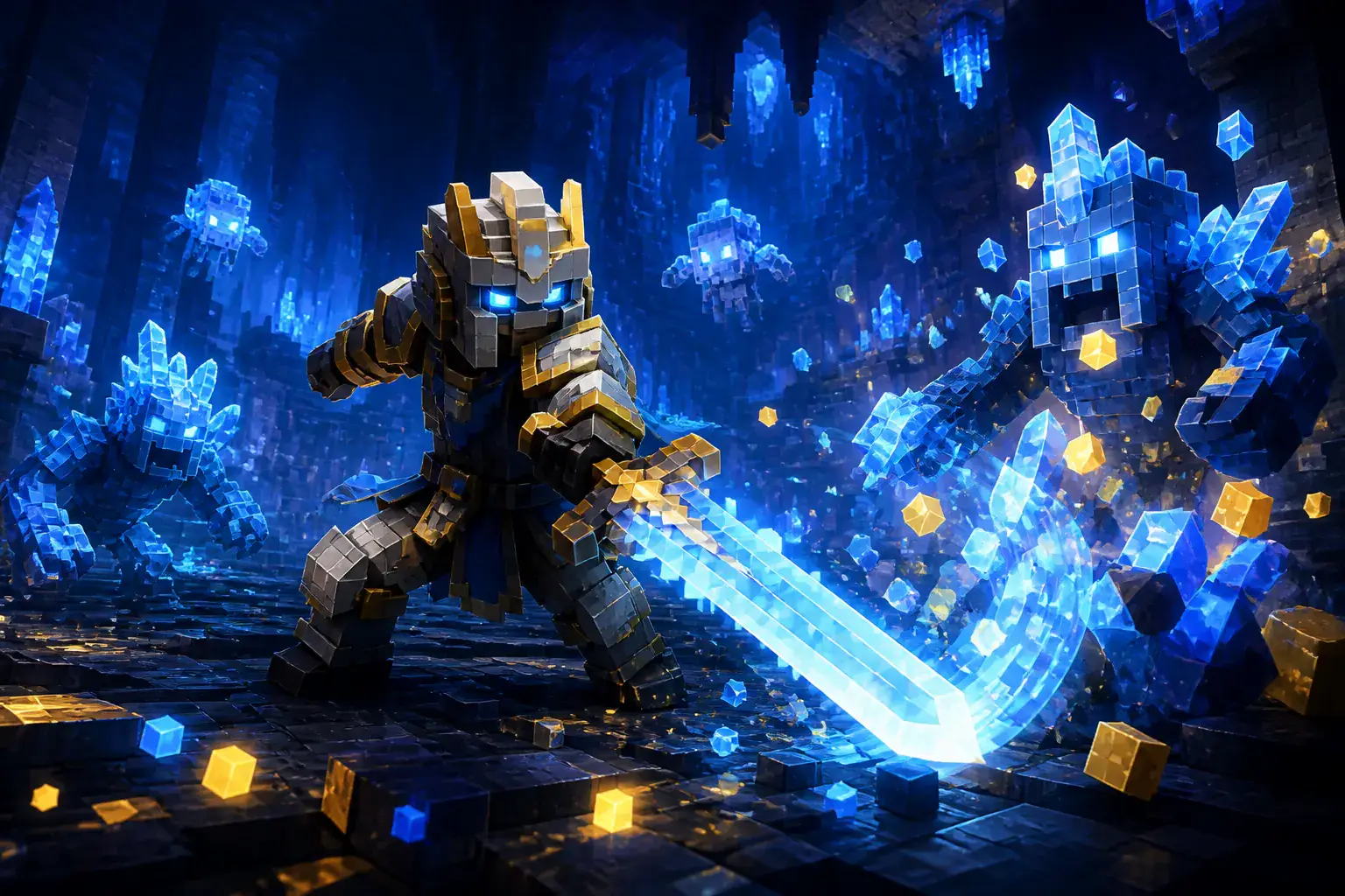 Armored hero swinging a luminous sword through crystal creatures