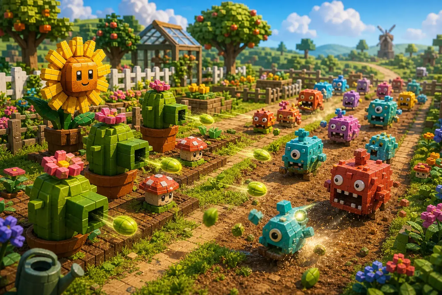 Block-built plants defending garden rows from colorful creatures