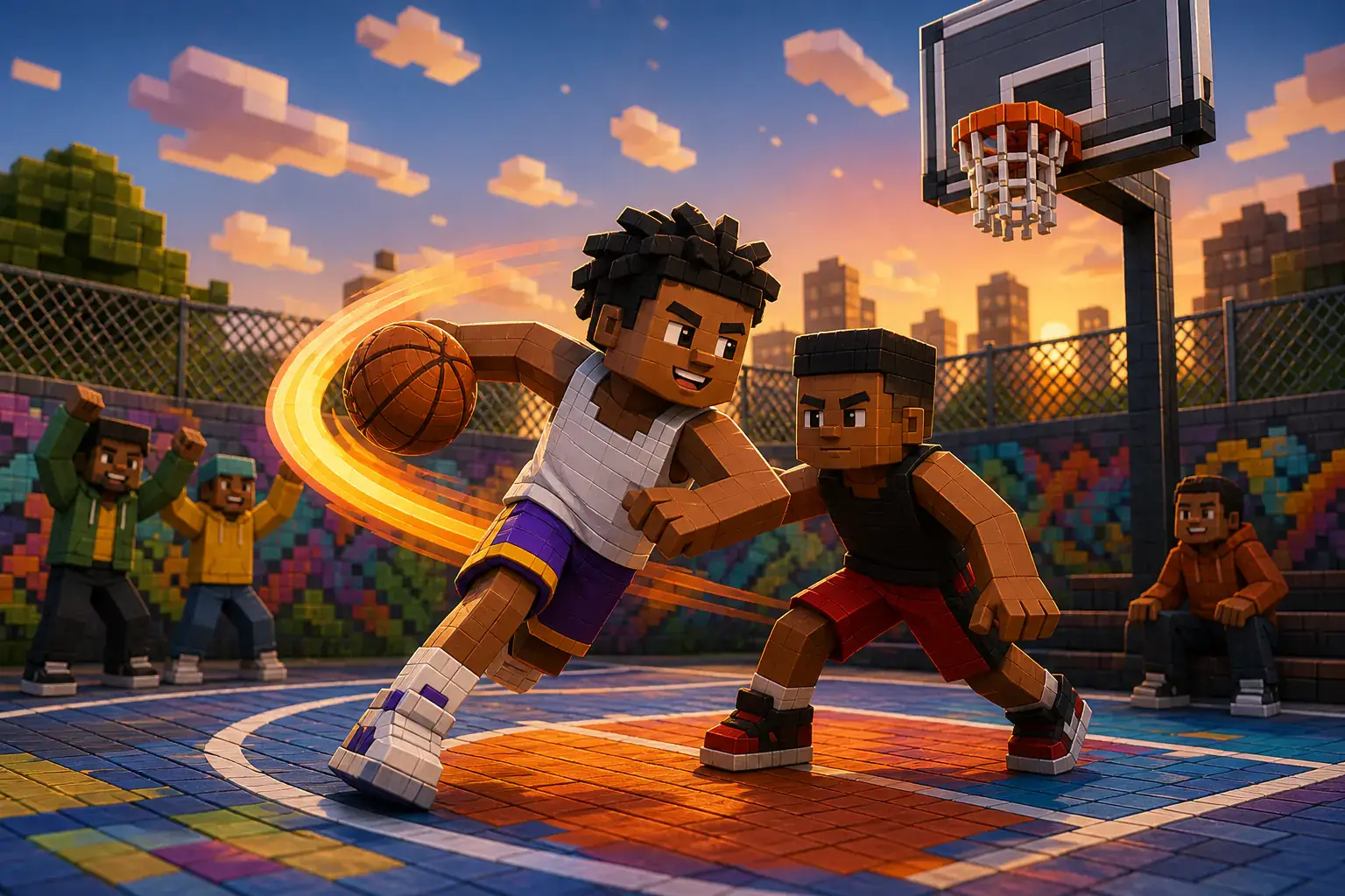 Streetball player spinning past a defender on an outdoor court