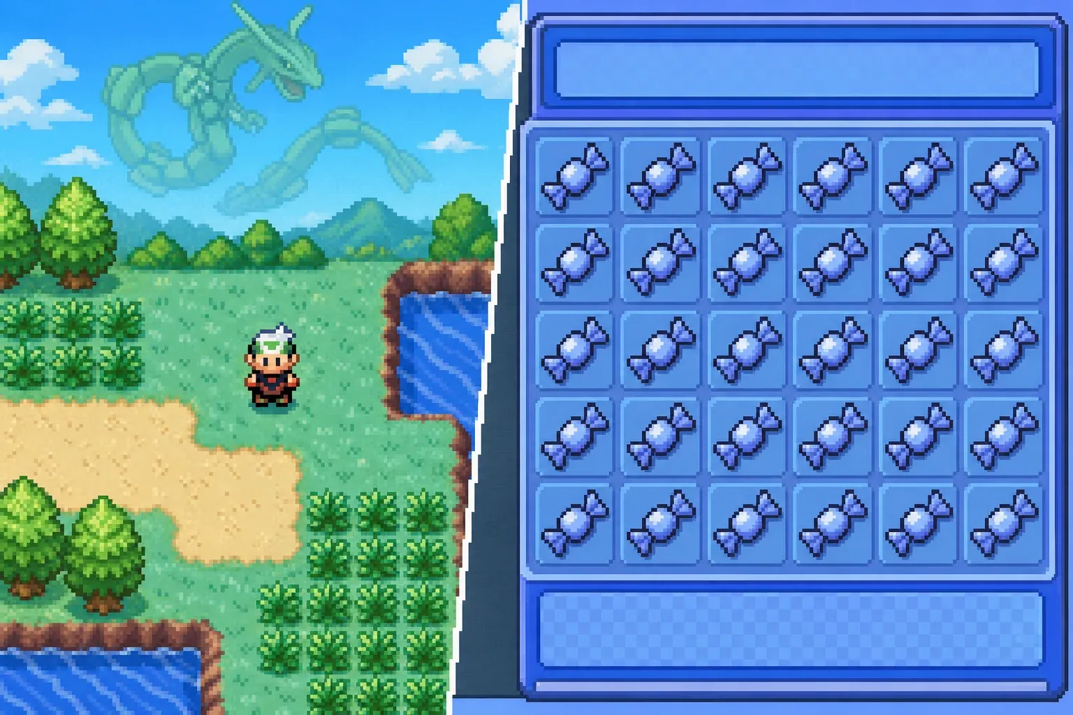 Pokemon Emerald pixel-art route beside a storage grid filled with Rare Candy