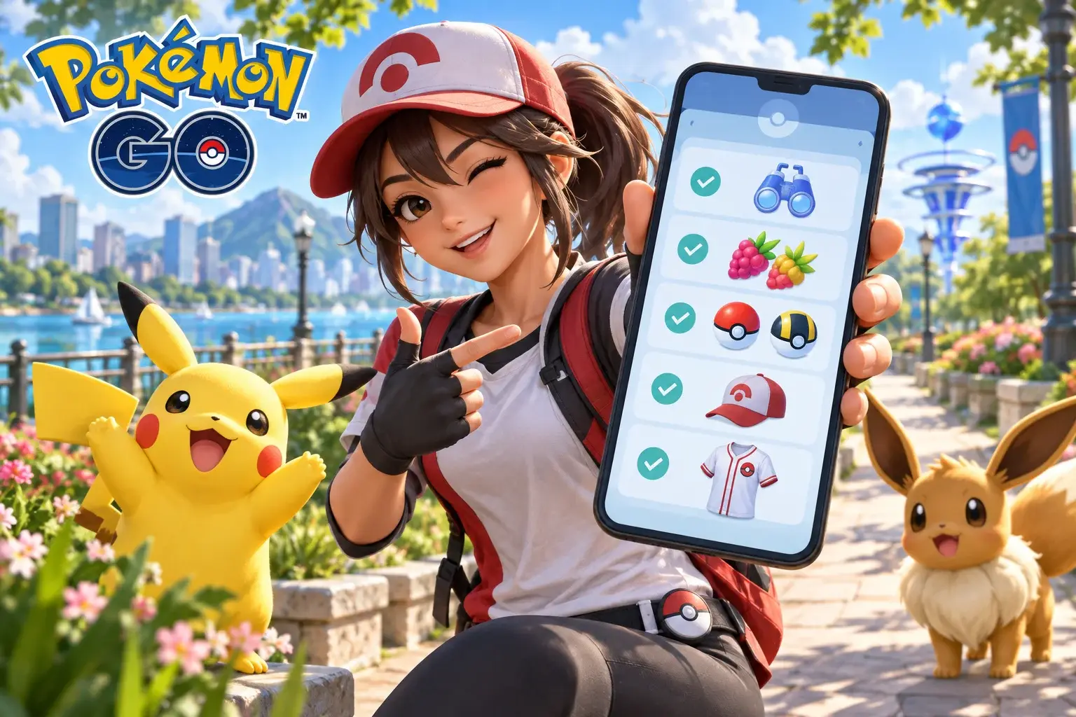 Original concept illustration: Sunny outdoor trainer scene with a phone displaying a symbolic research checklist without readable UI text, berries, capture balls, cap and baseball shirt reward icons