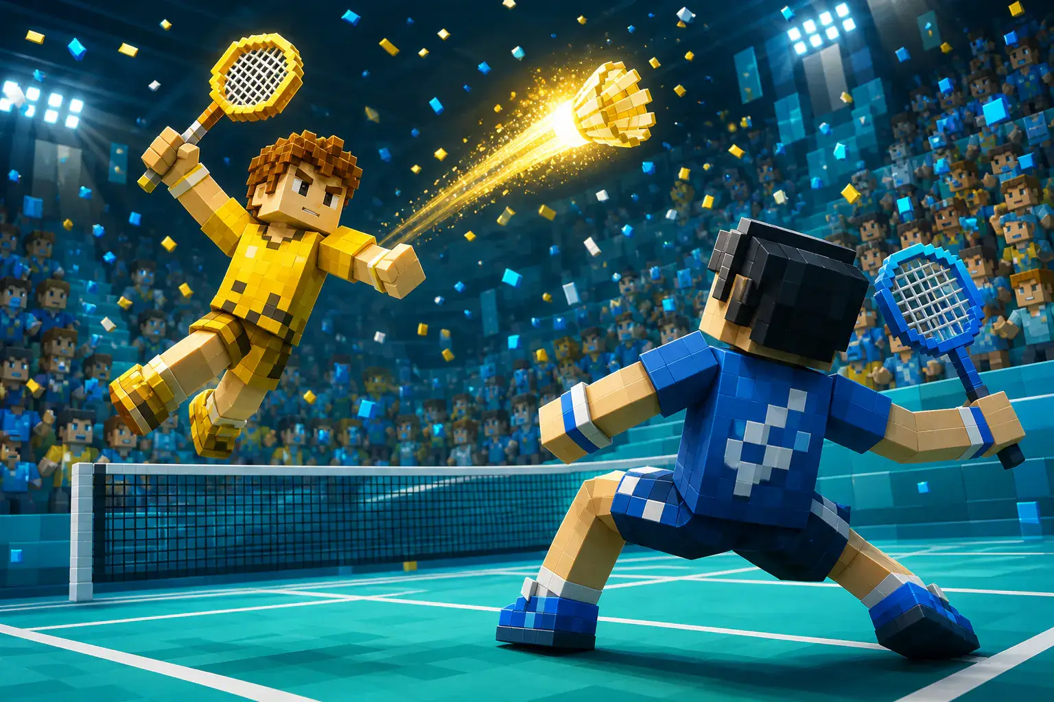 Racket players contesting a glowing ball above a turquoise court