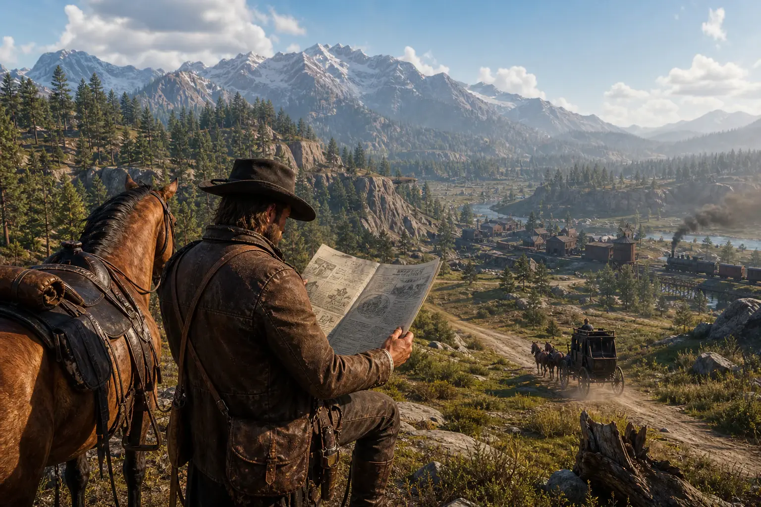 Frontier rider studying a newspaper beside a horse in a bright mountain valley