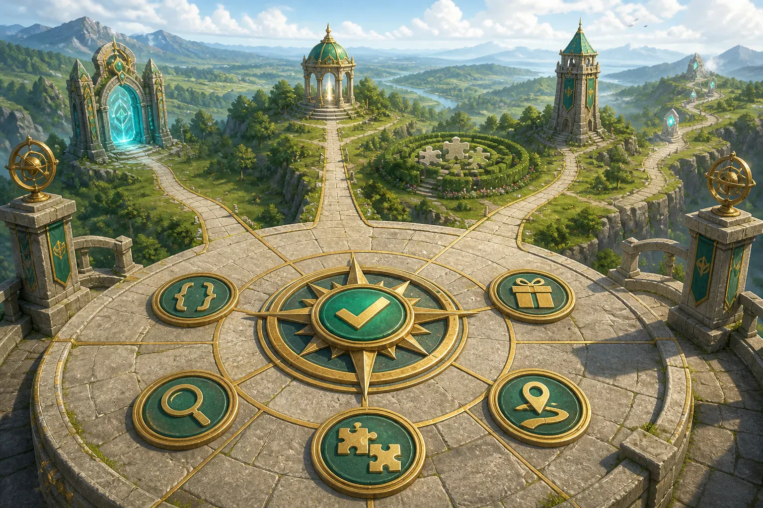 Verified compass connecting codes, rewards, puzzles and guide paths across a bright game world