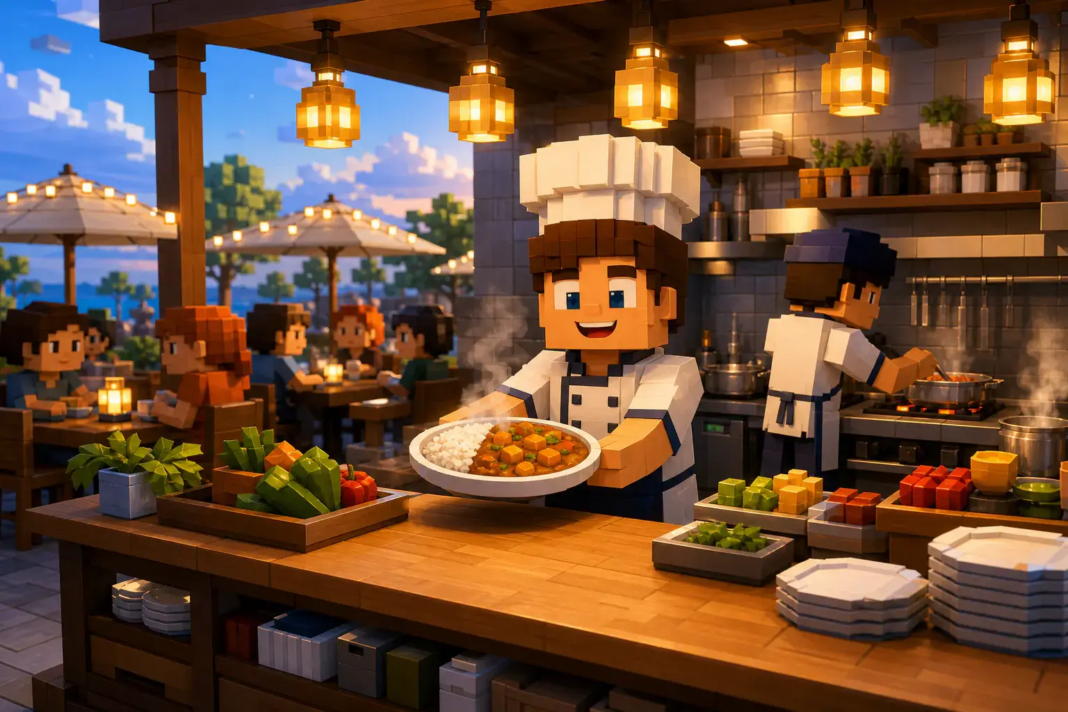 Chef plating a meal in a warm open restaurant kitchen