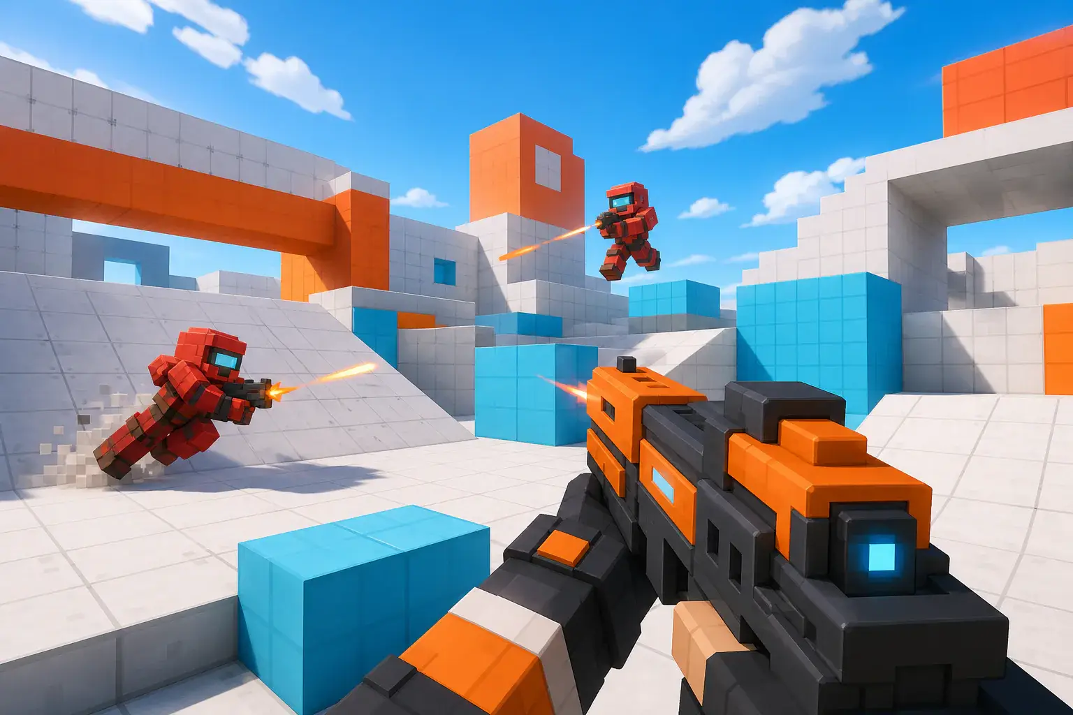 Orange blaster aimed at red opponents in a white grid arena