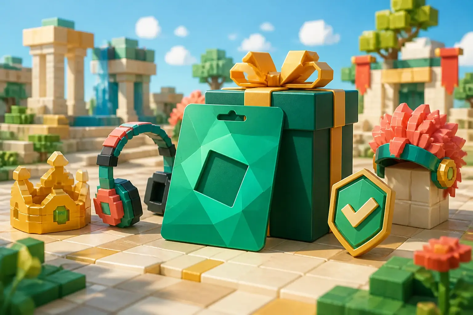 Block-world gaming gift token, accessories and safety check beside a gift box in daylight