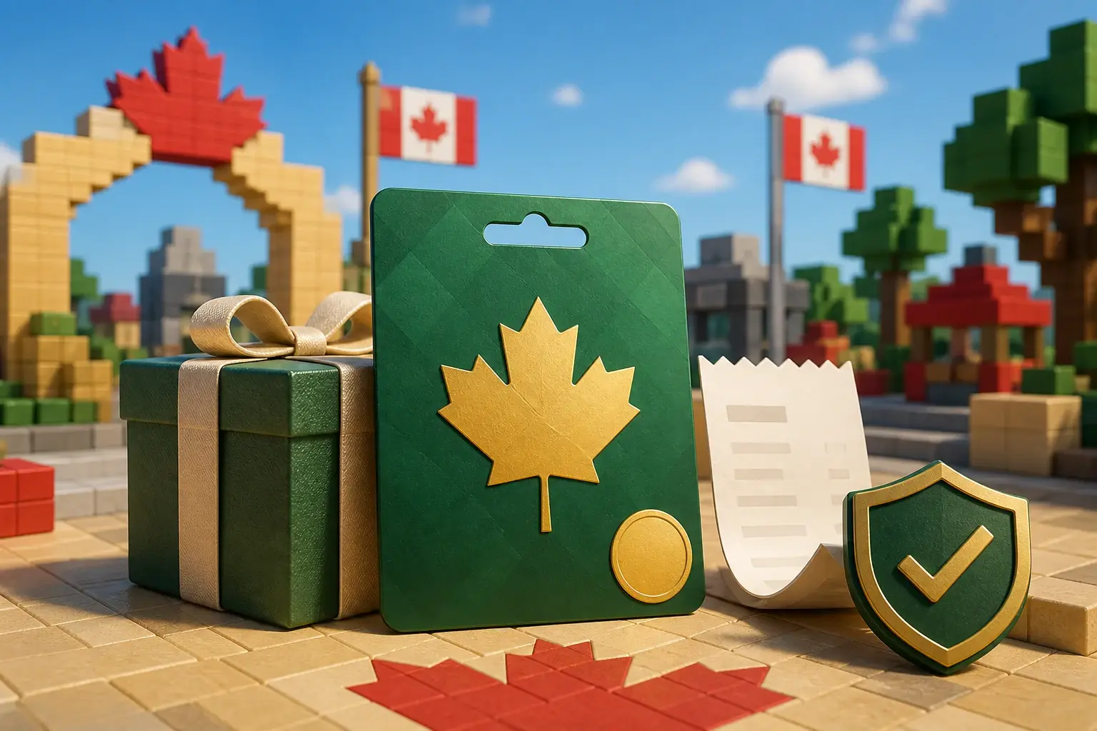 Canadian gaming gift token, receipt and safety check in a bright block-built plaza