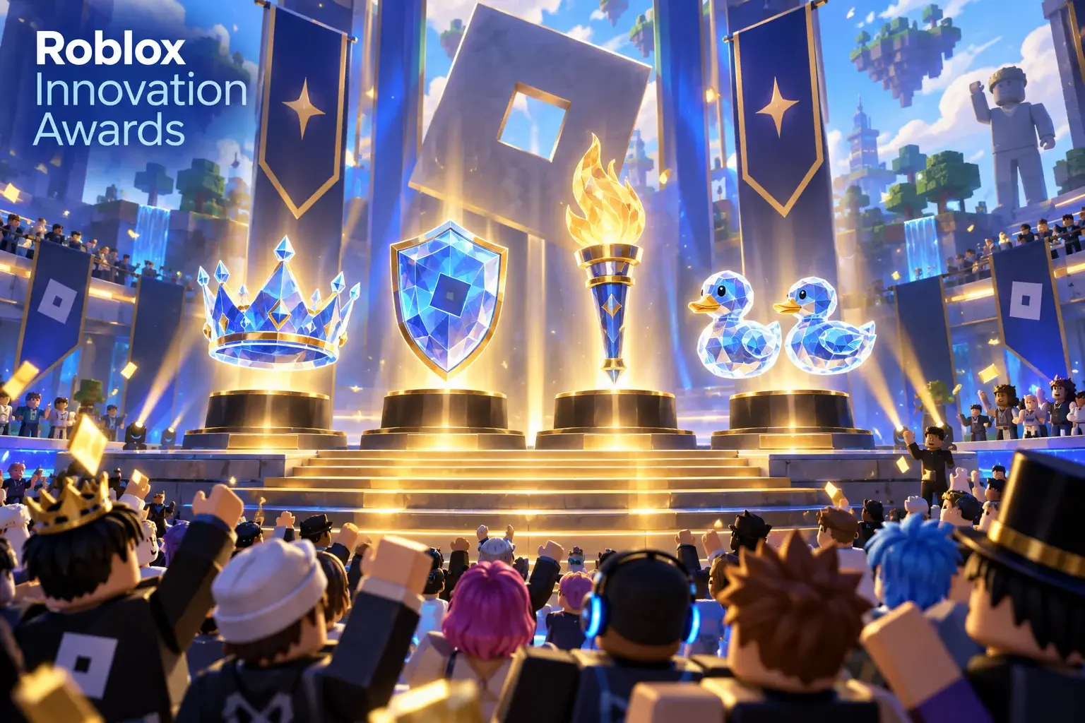 Original concept illustration: Bright block-world award ceremony stage with audience avatars and four symbolic crystal accessory silhouettes: crown, shield, torch and pair of ducks
