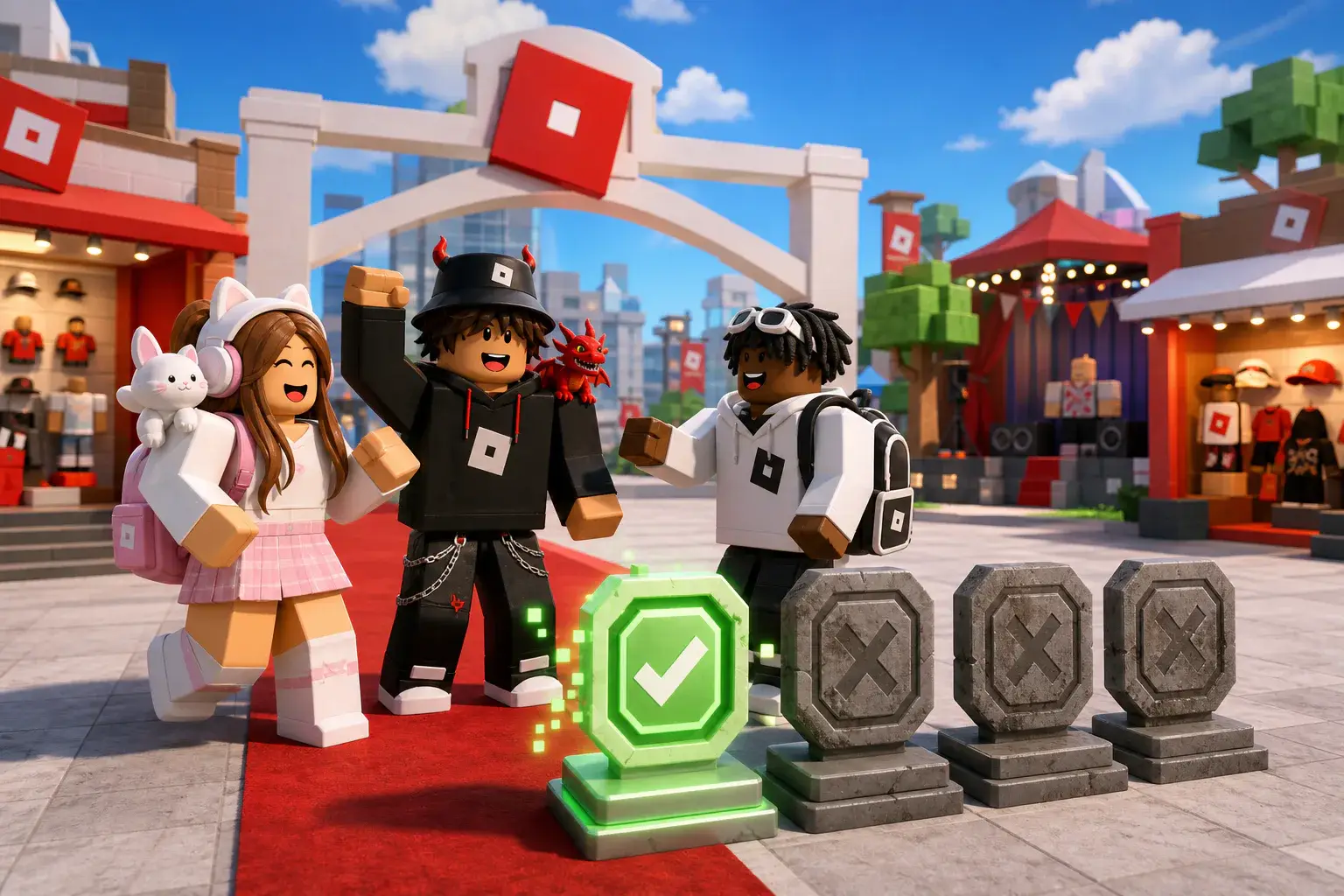 Roblox avatars celebrating one live promo token beside an archive of expired tokens