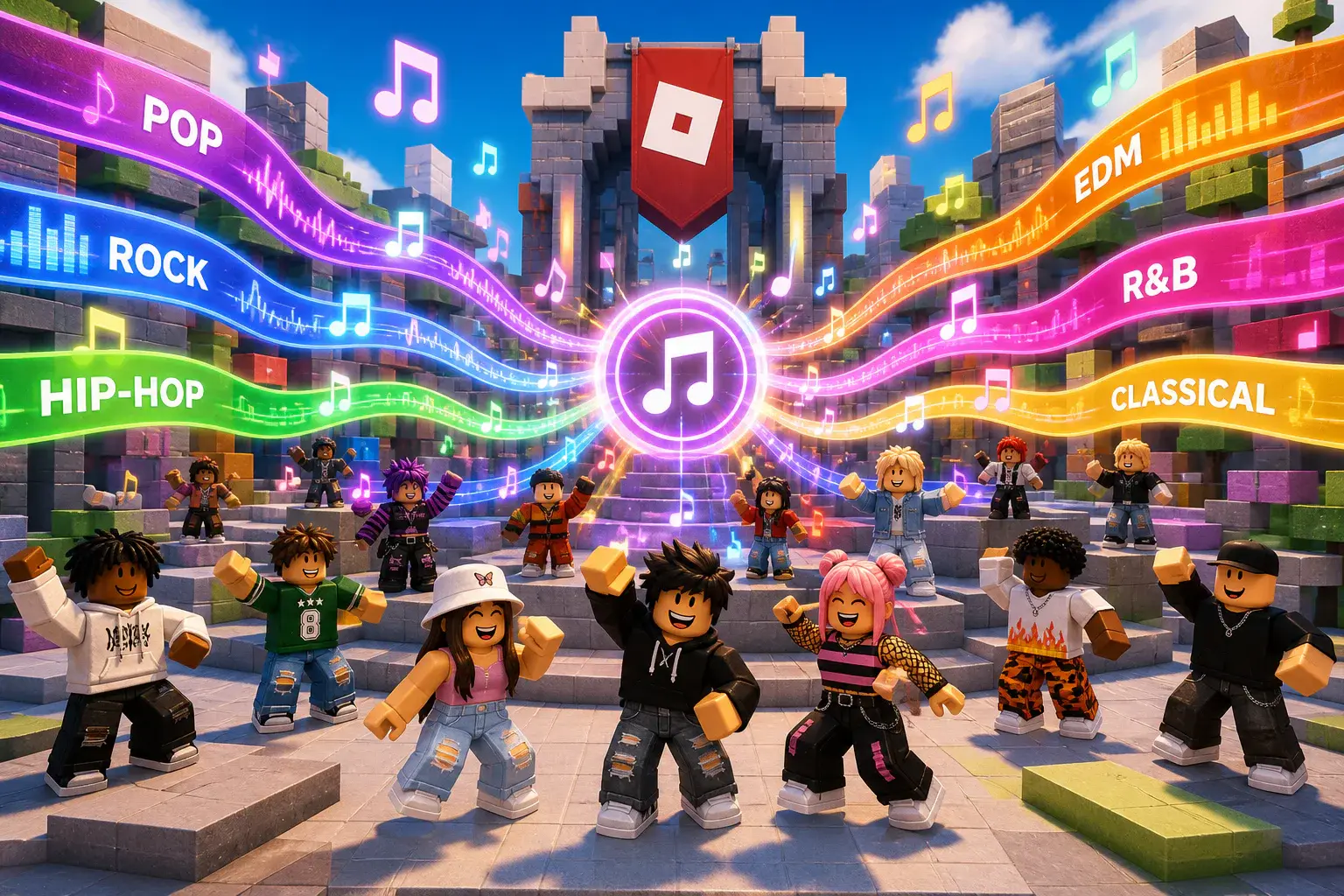 Roblox avatars dancing as colorful music genres converge on an audio medallion
