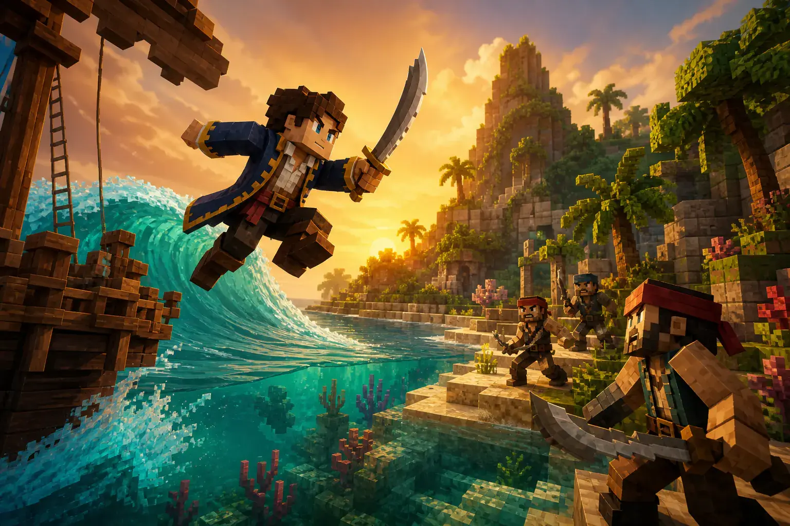 Sailor leaping from a wooden ship toward a tropical island